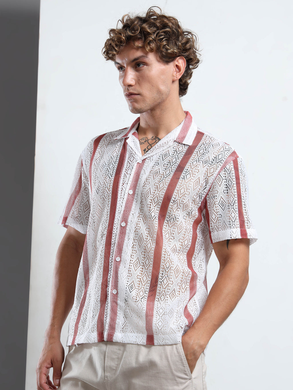 Men's Maroon & White Sheer Knit Shirt