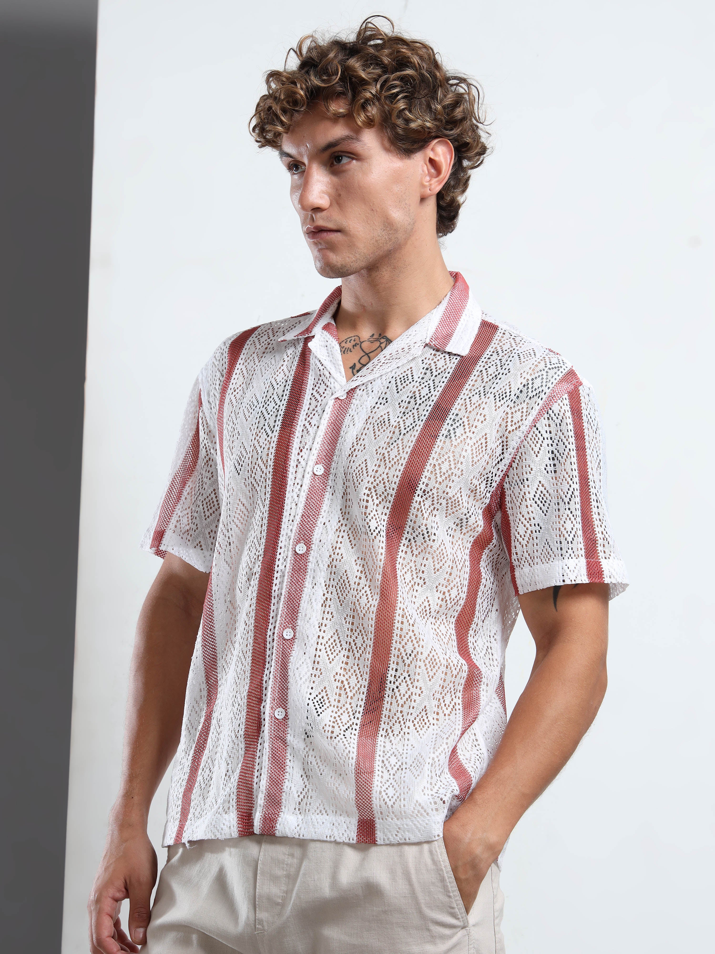 Men's Maroon & White Sheer Knit Shirt