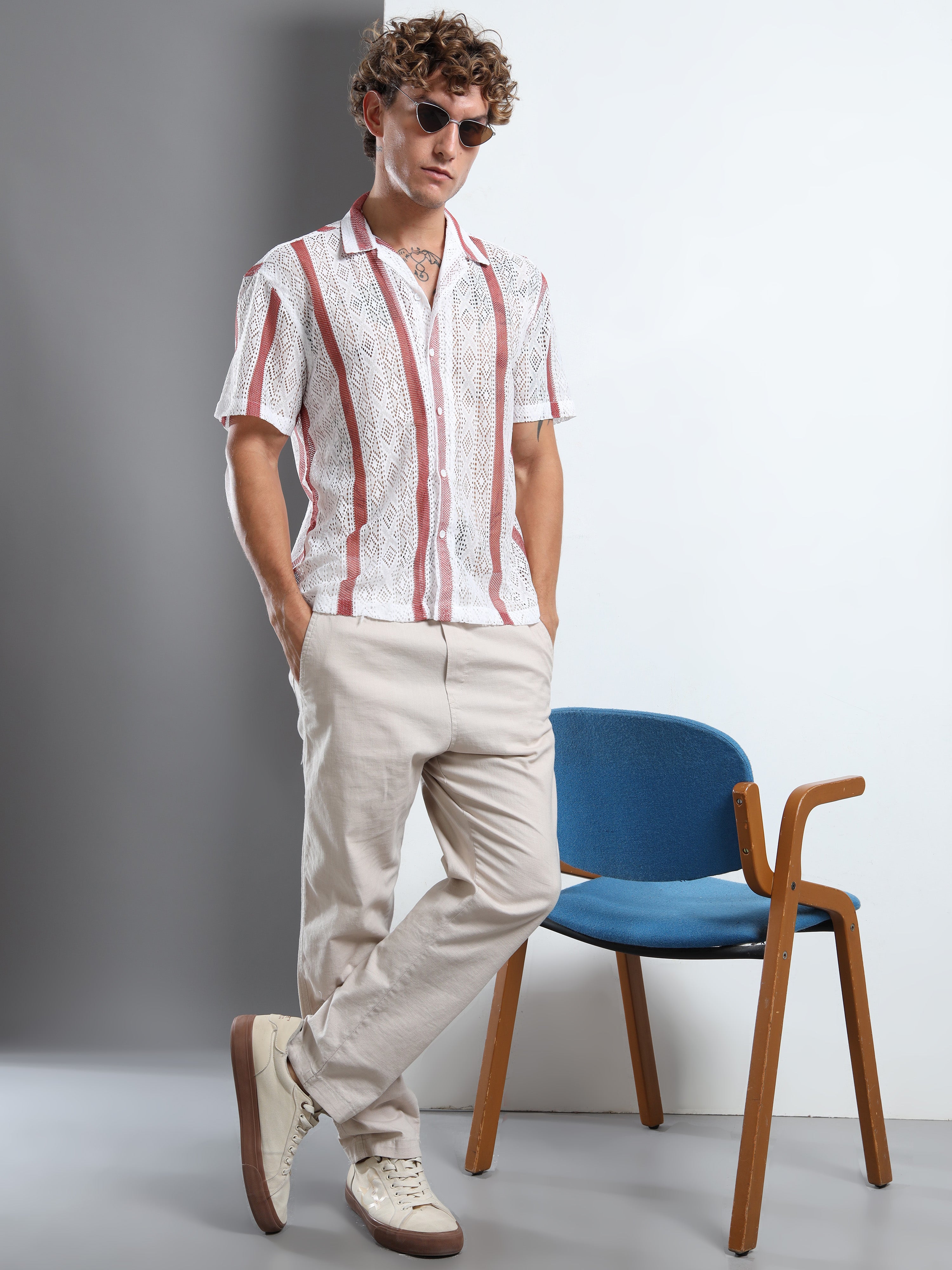 Men's Maroon & White Sheer Knit Shirt