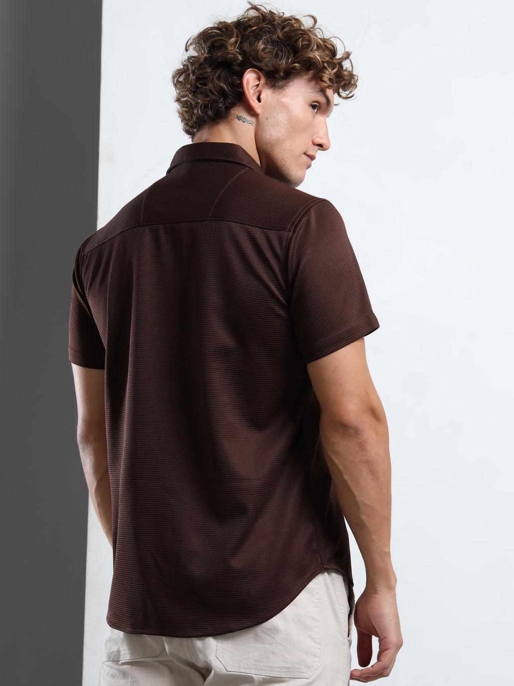 Men's Coffee Textured Short Sleeve Casual Shirt