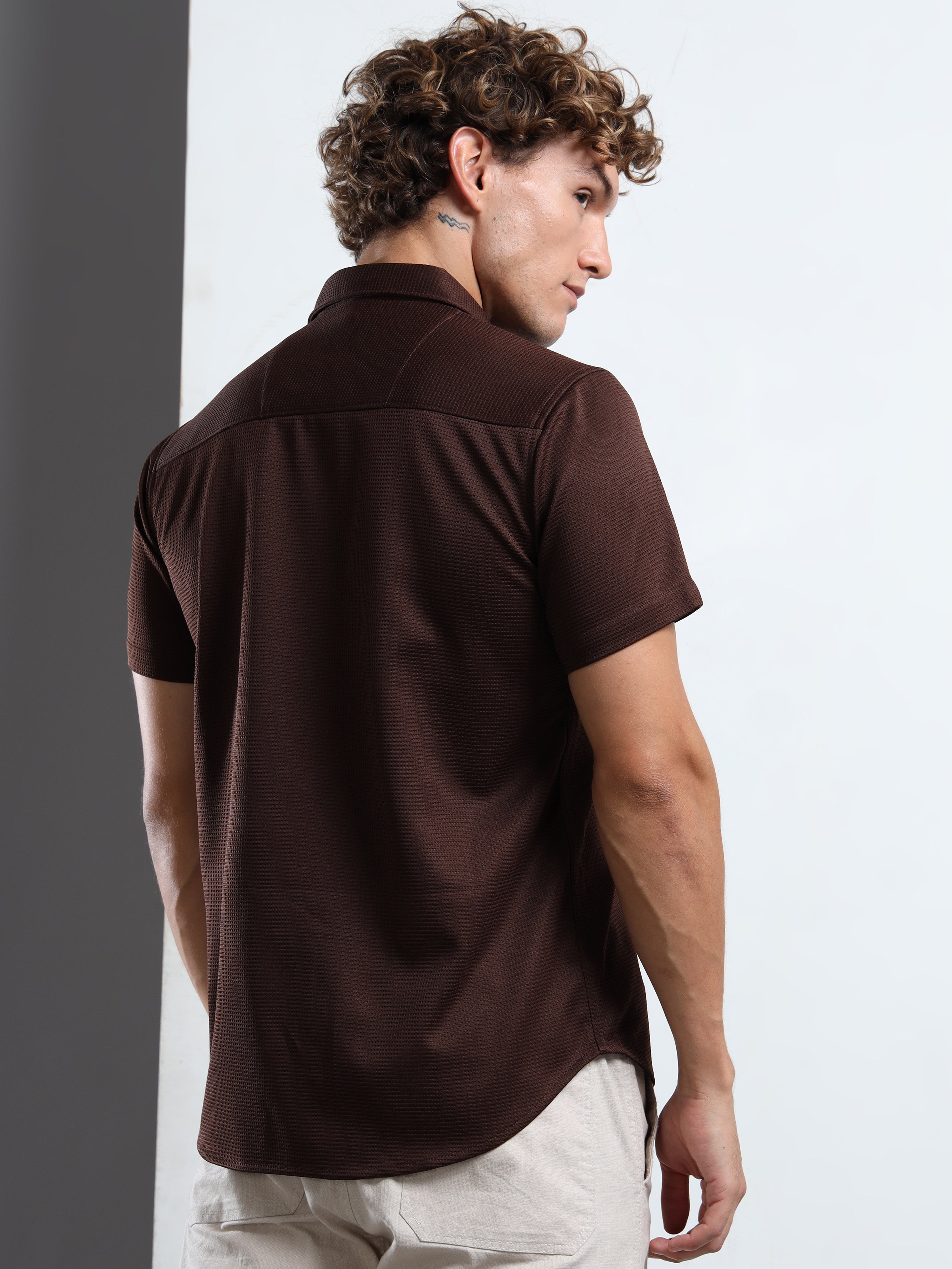 Men's Coffee Textured Short Sleeve Casual Shirt