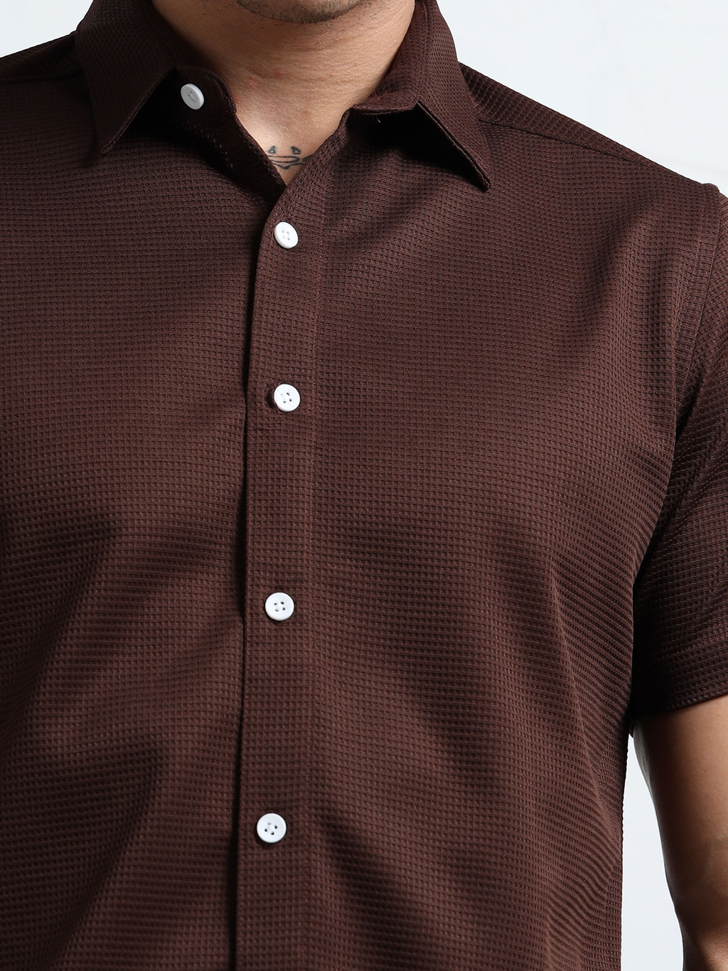 Men's Coffee Textured Short Sleeve Casual Shirt