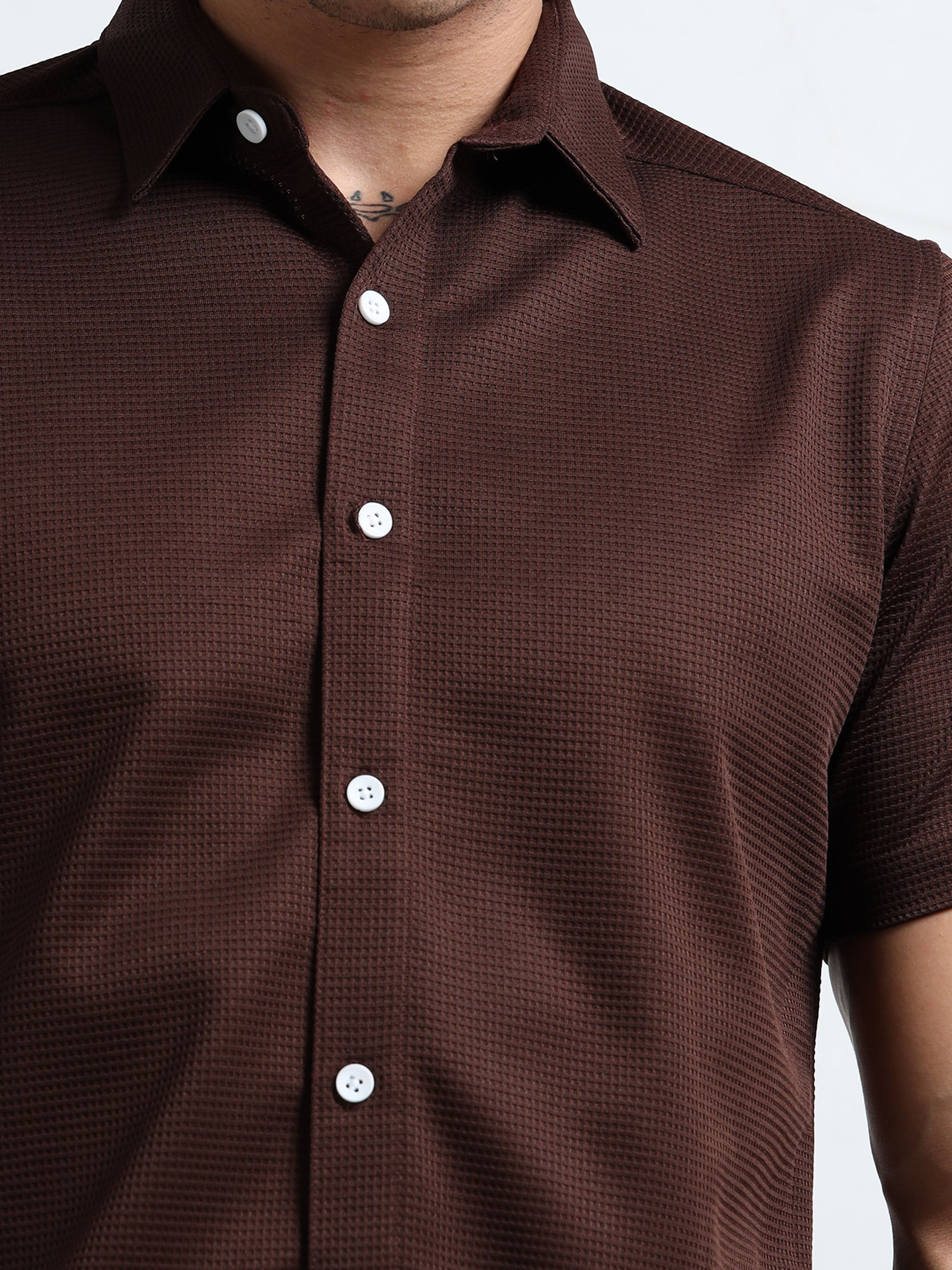 Men's Coffee Textured Short Sleeve Casual Shirt