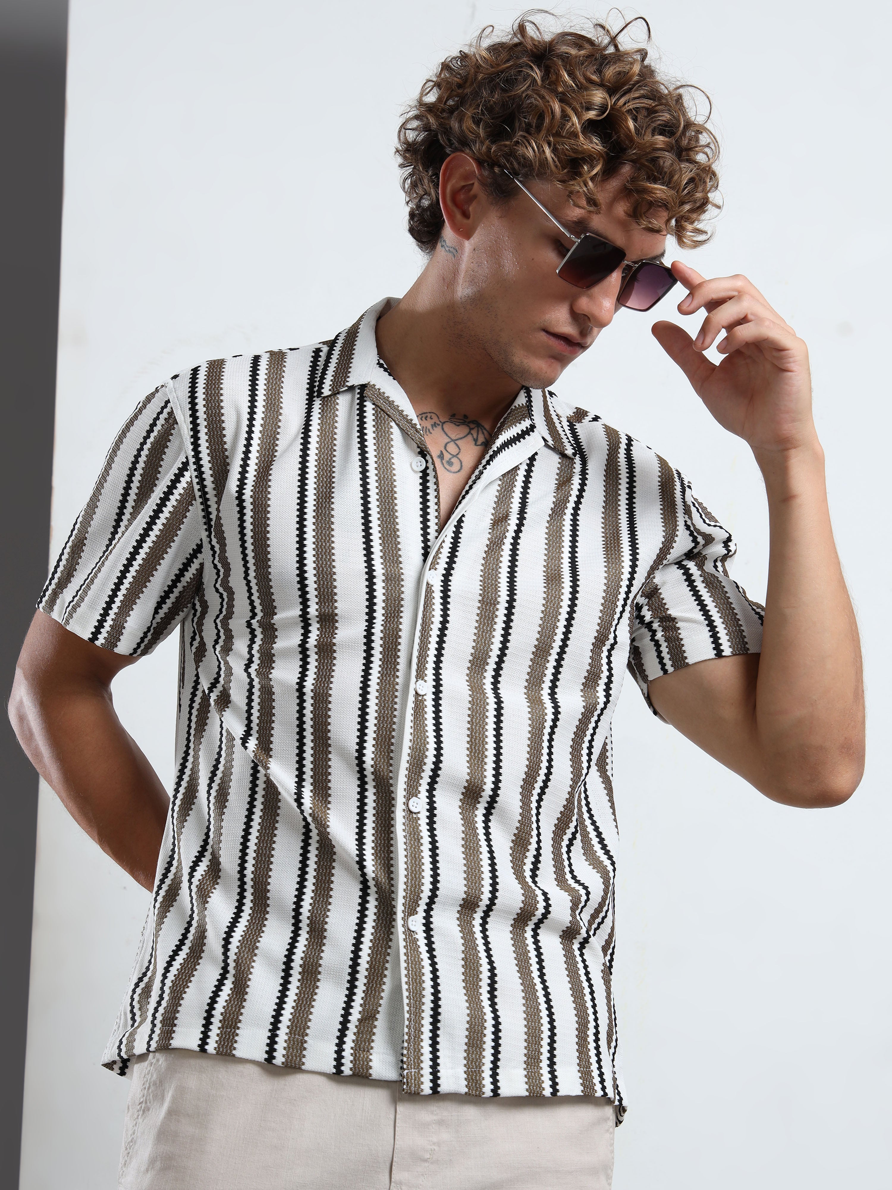 Brown & White Textured Stripe Revere Shirt