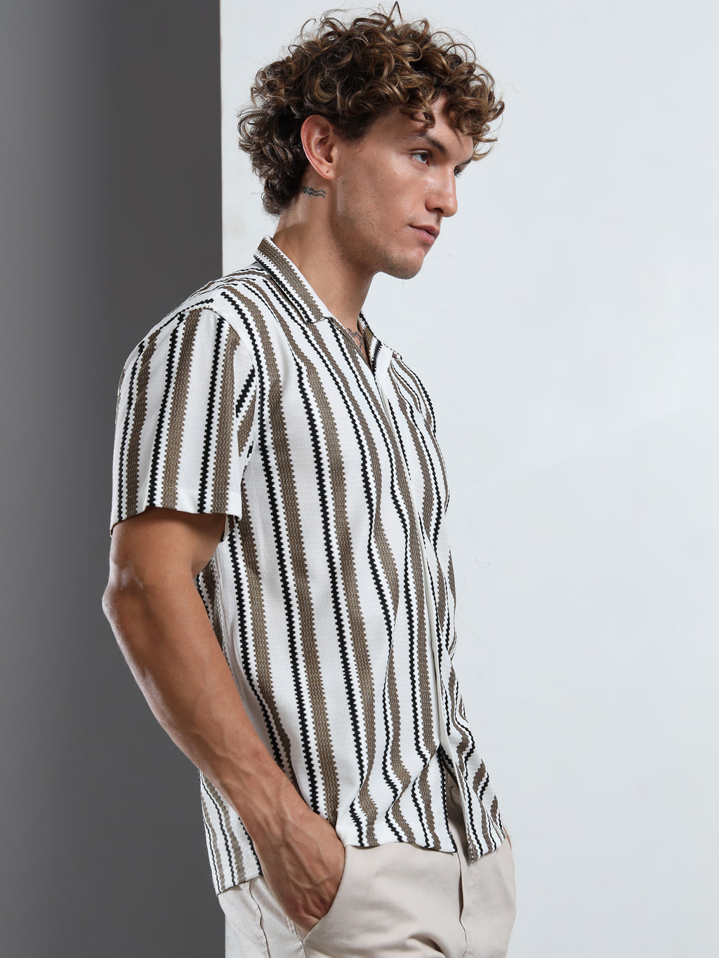 Brown & White Textured Stripe Revere Shirt