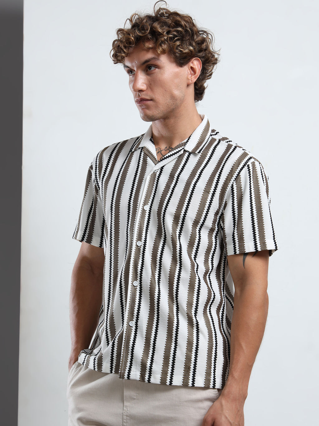 Brown & White Textured Stripe Revere Shirt