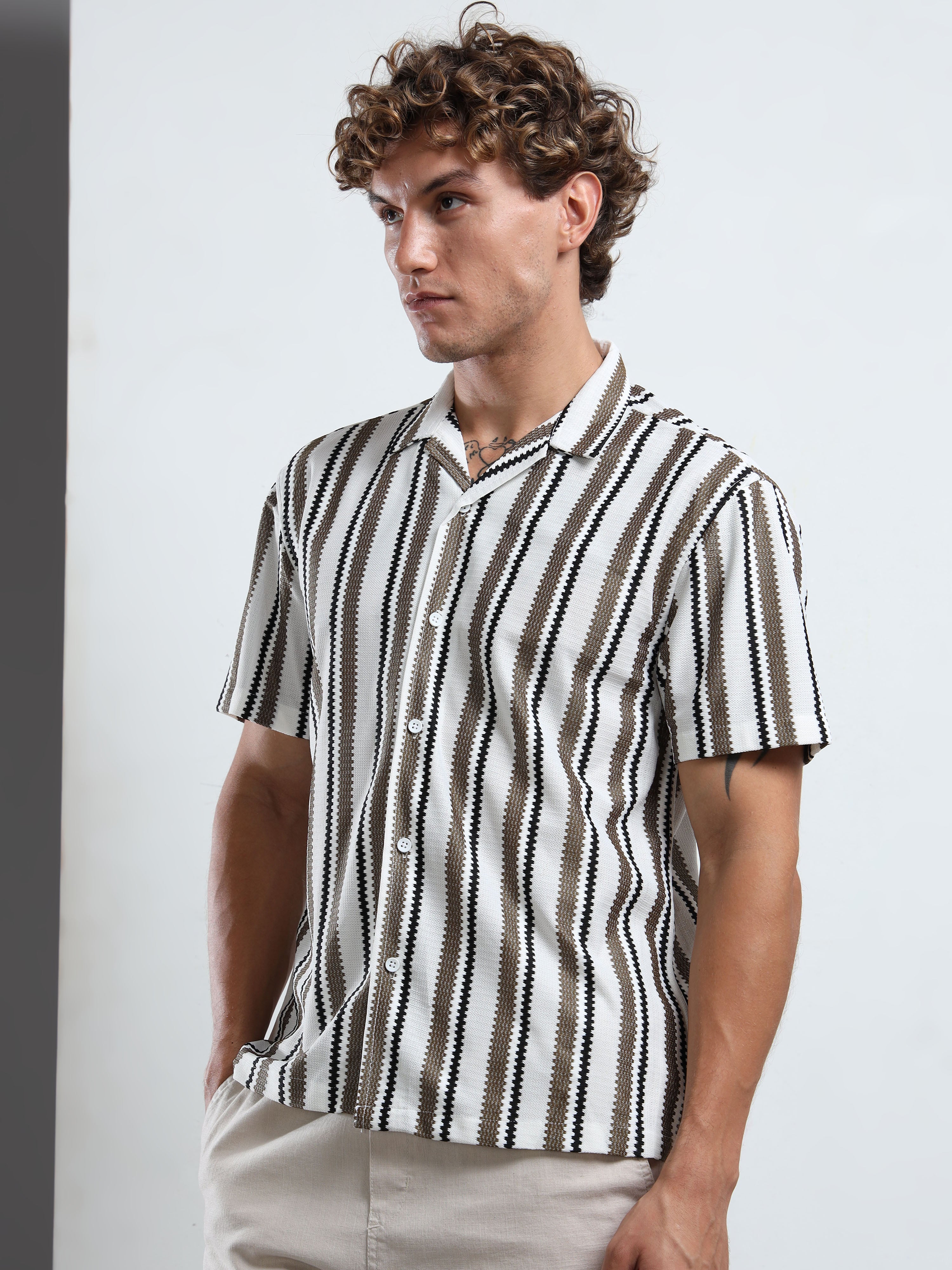 Brown & White Textured Stripe Revere Shirt
