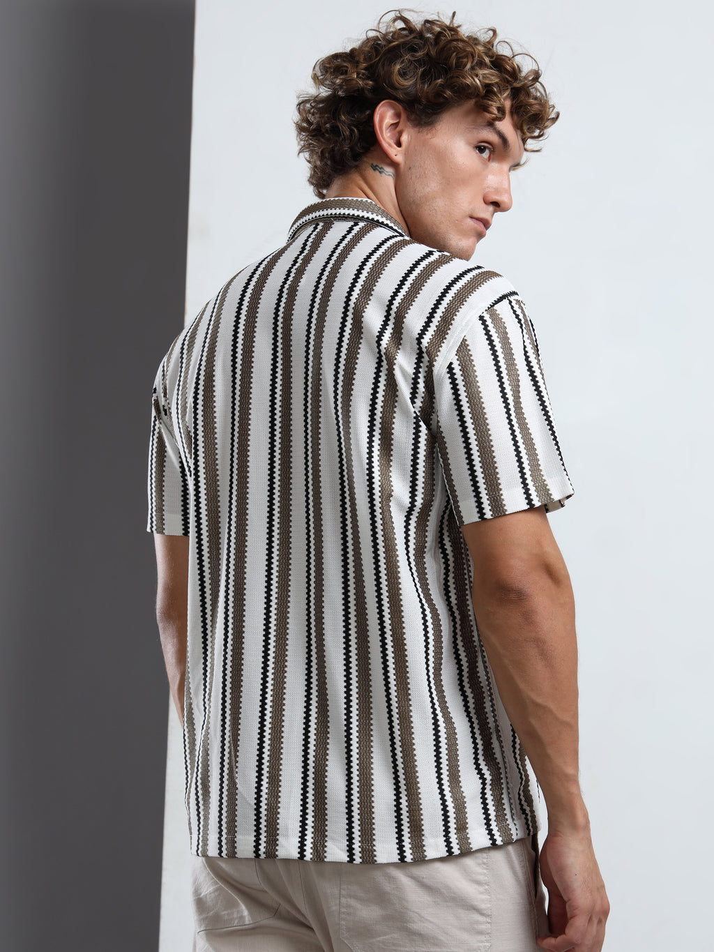 Brown & White Textured Stripe Revere Shirt