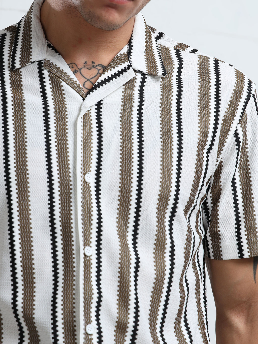 Brown & White Textured Stripe Revere Shirt