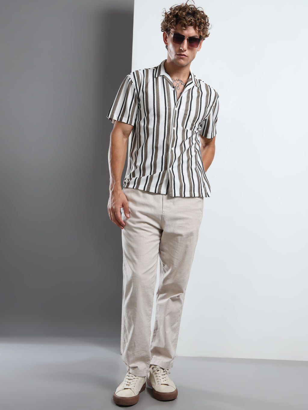 Brown & White Textured Stripe Revere Shirt