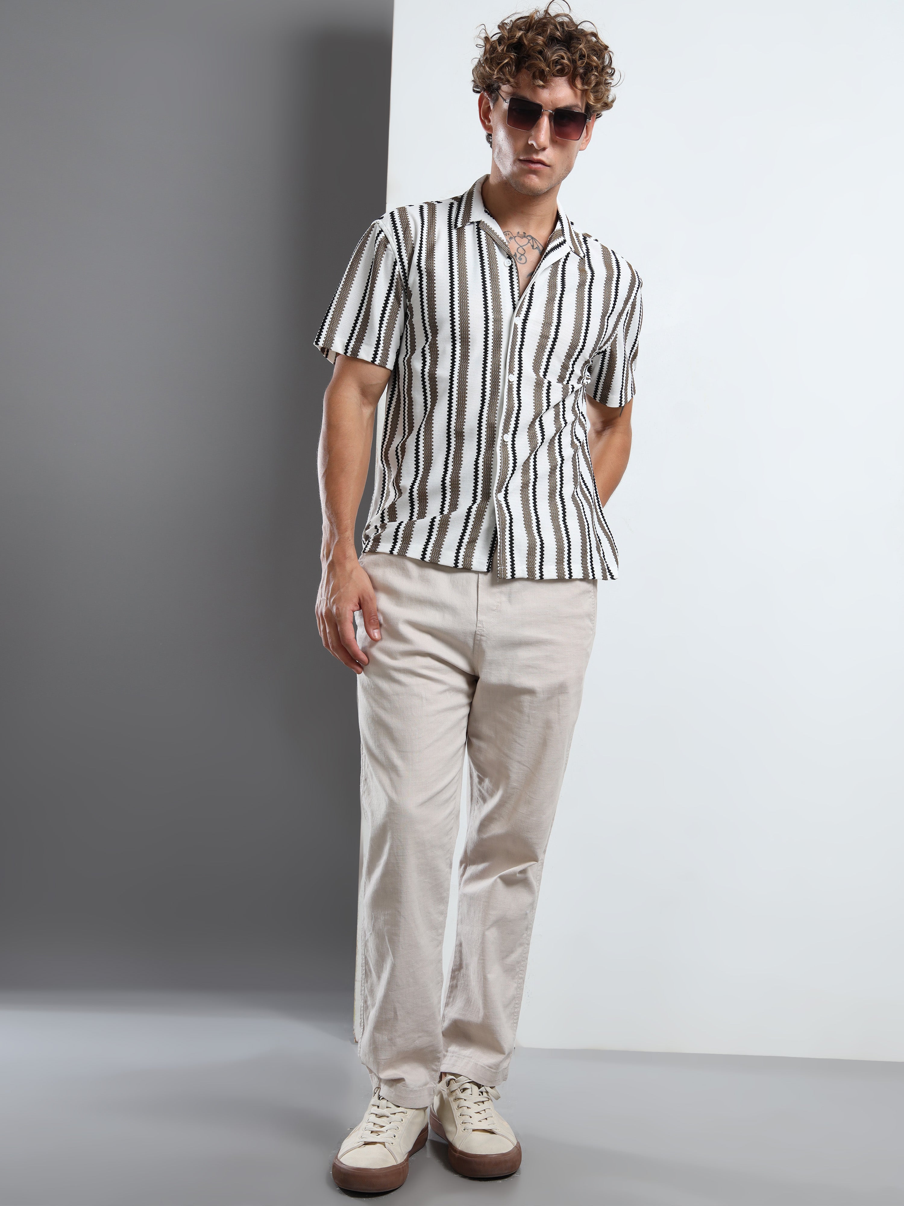 Brown & White Textured Stripe Revere Shirt