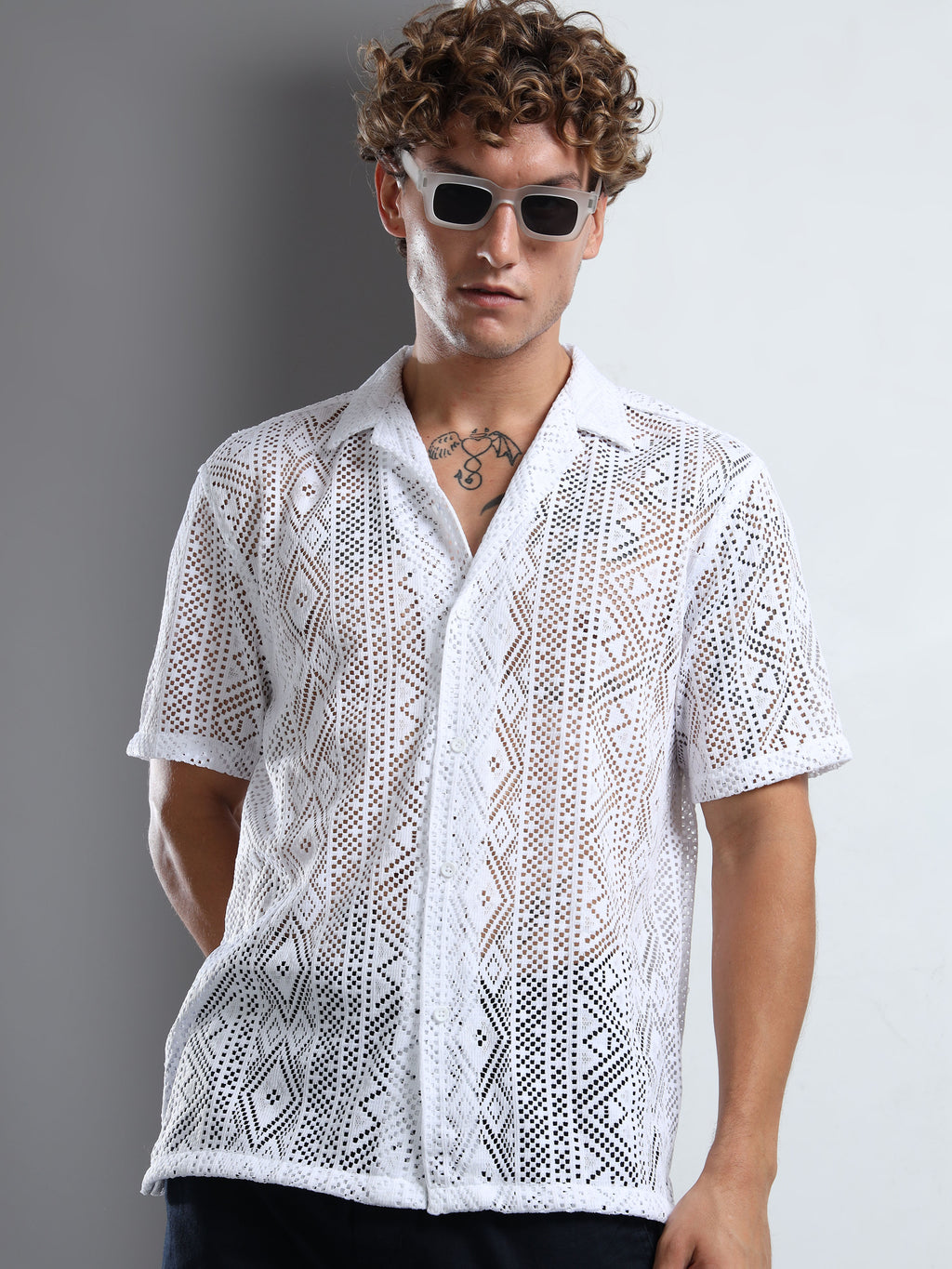 Men Textured Cuban Collar Casual White Shirt