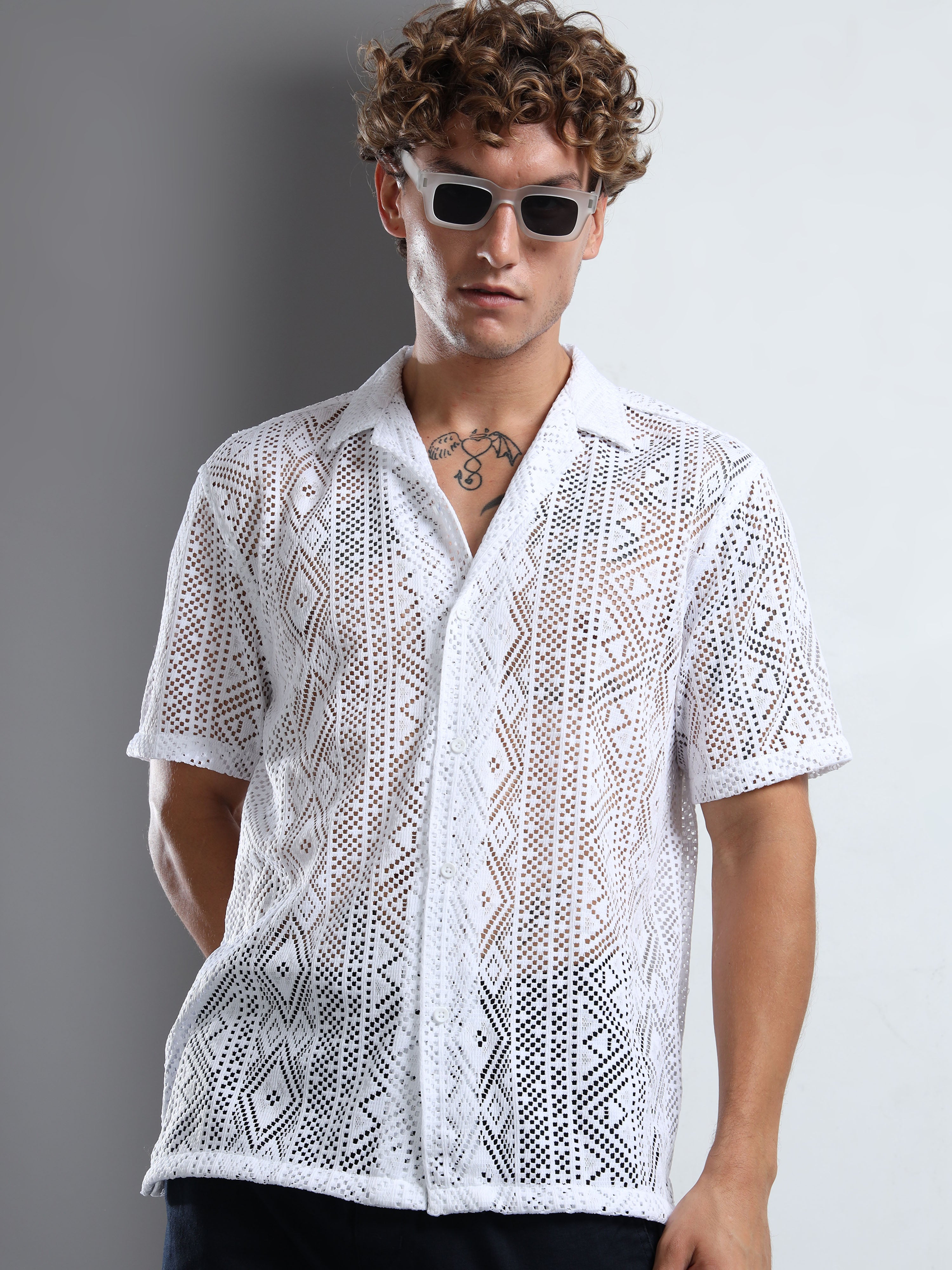 Men Textured Cuban Collar Casual White Shirt