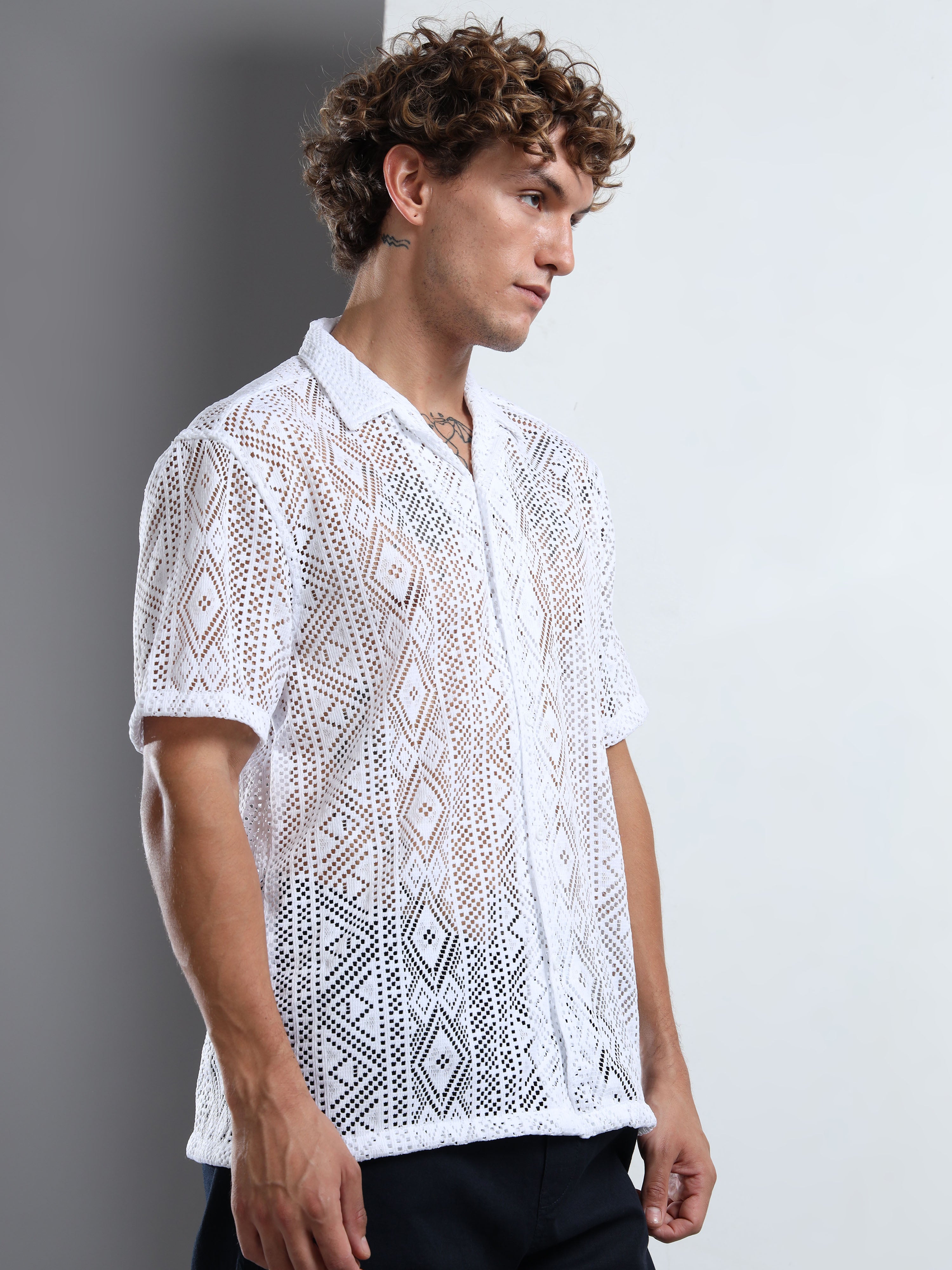 Men Textured Cuban Collar Casual White Shirt