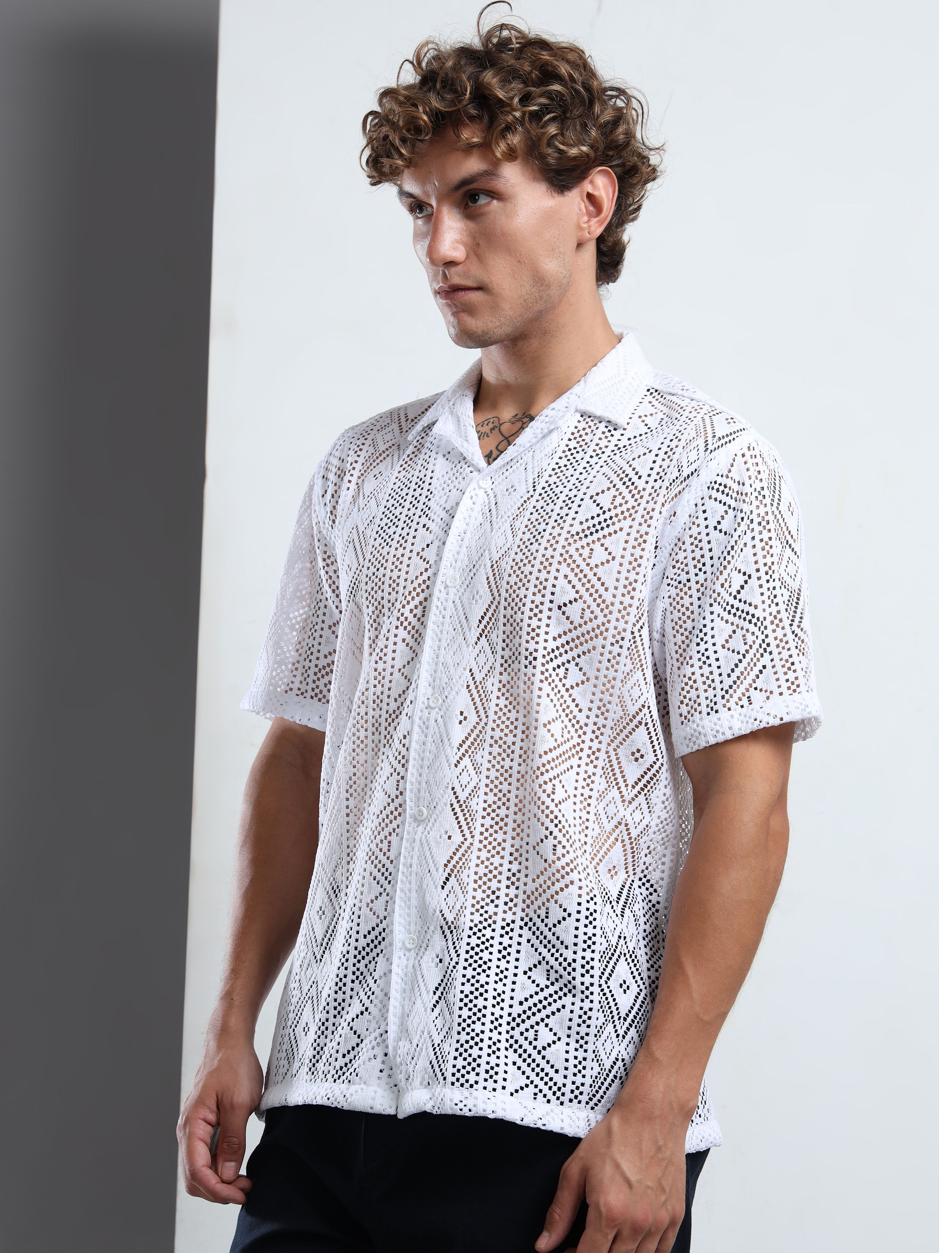 Men Textured Cuban Collar Casual White Shirt