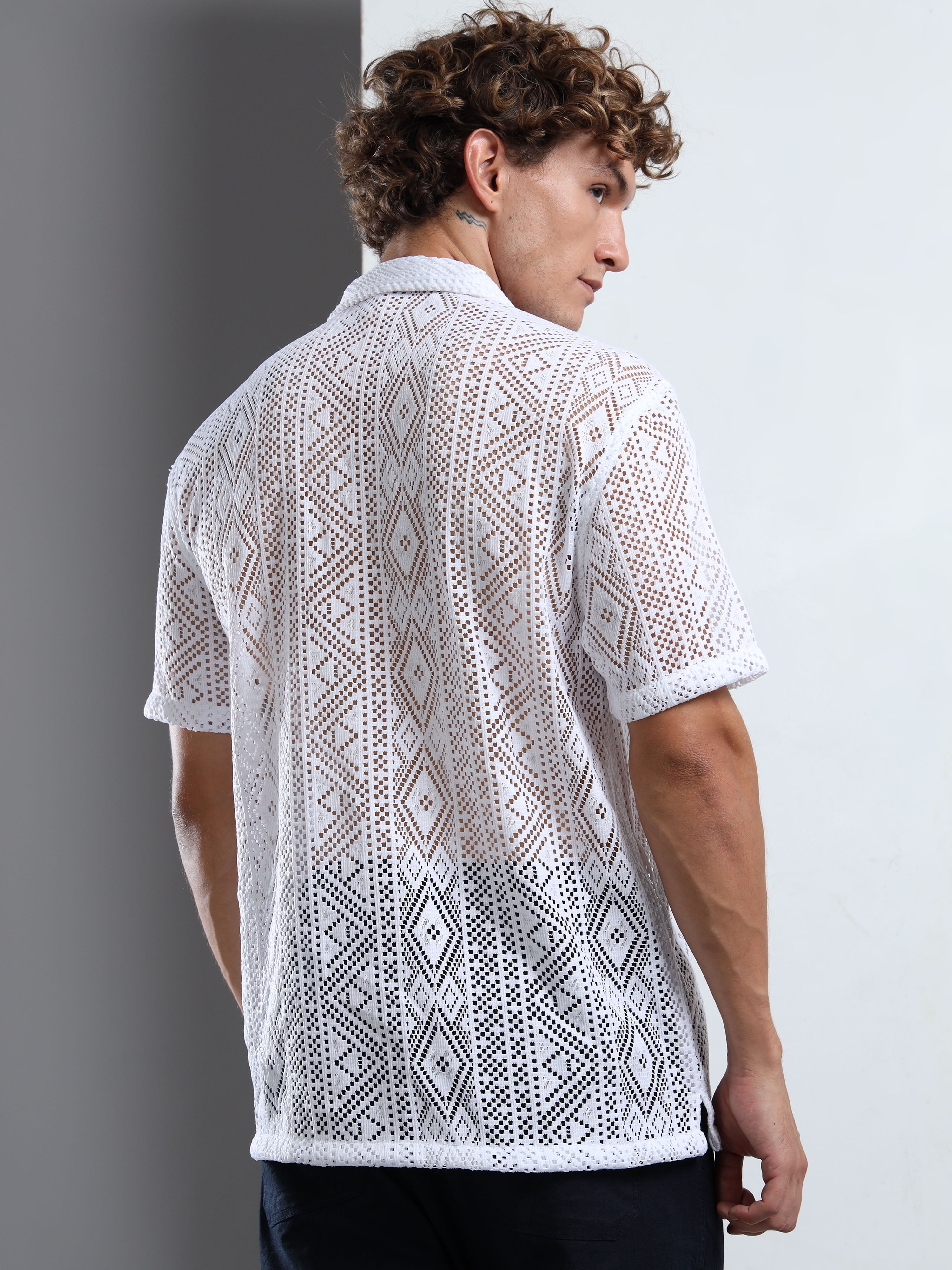 Men Textured Cuban Collar Casual White Shirt