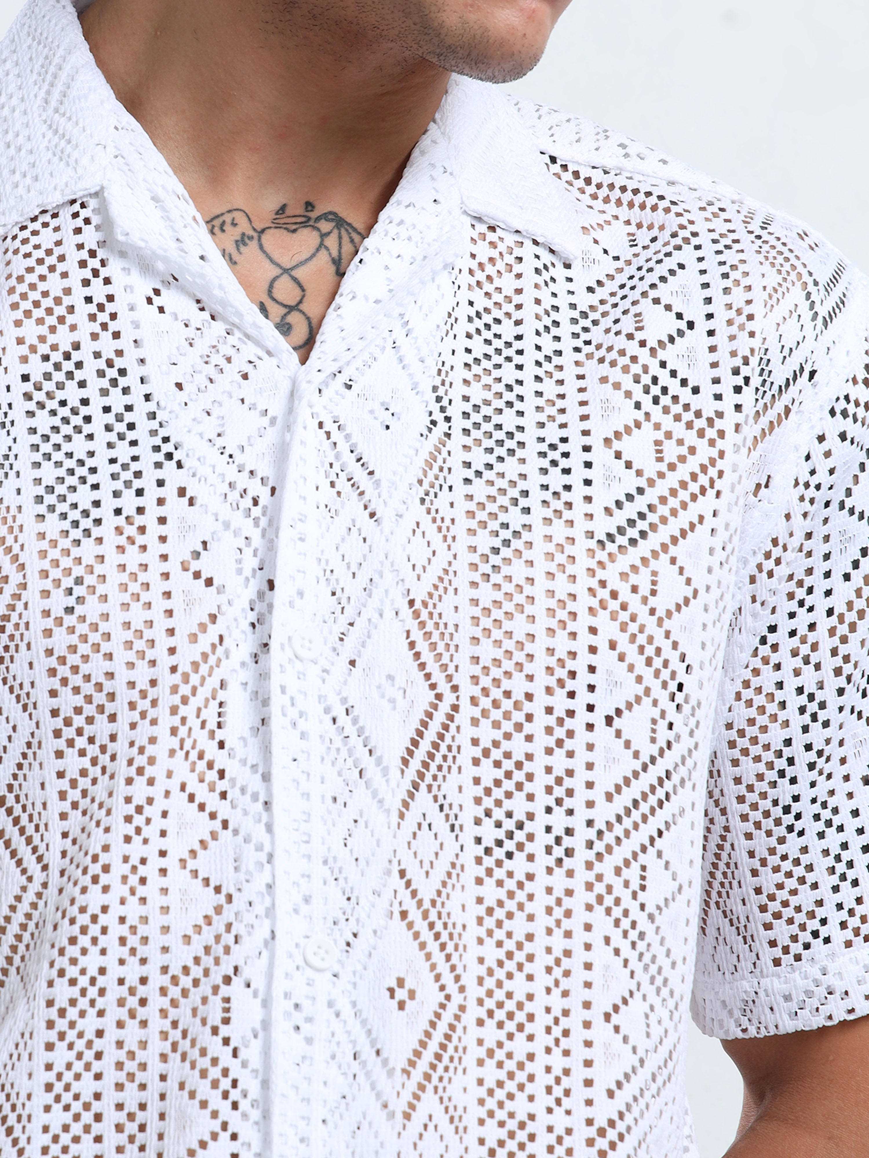 Men Textured Cuban Collar Casual White Shirt