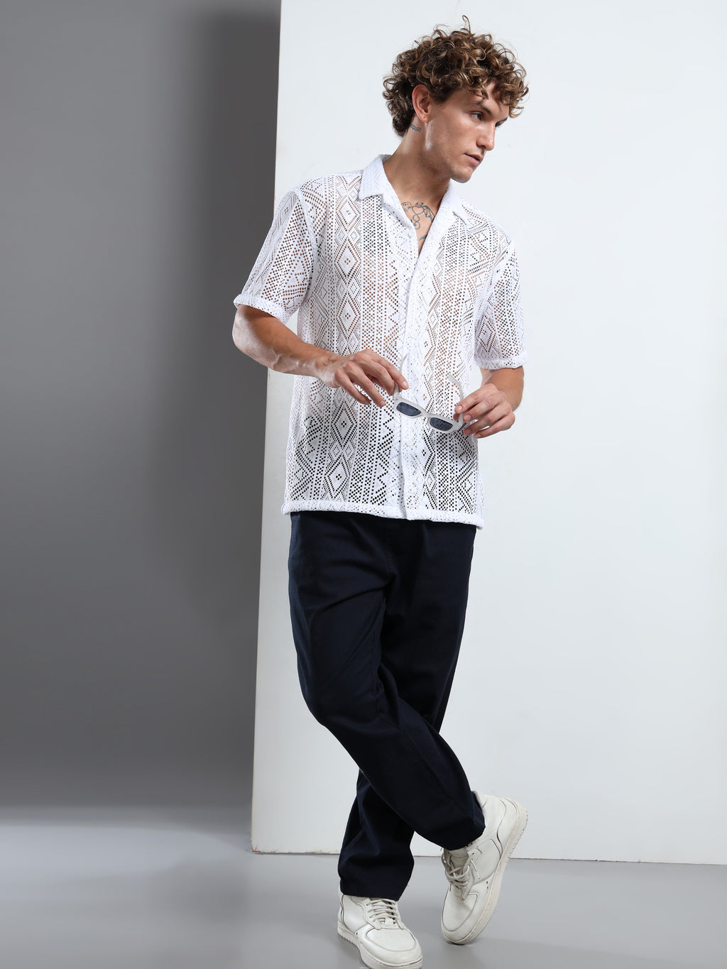 Men Textured Cuban Collar Casual White Shirt