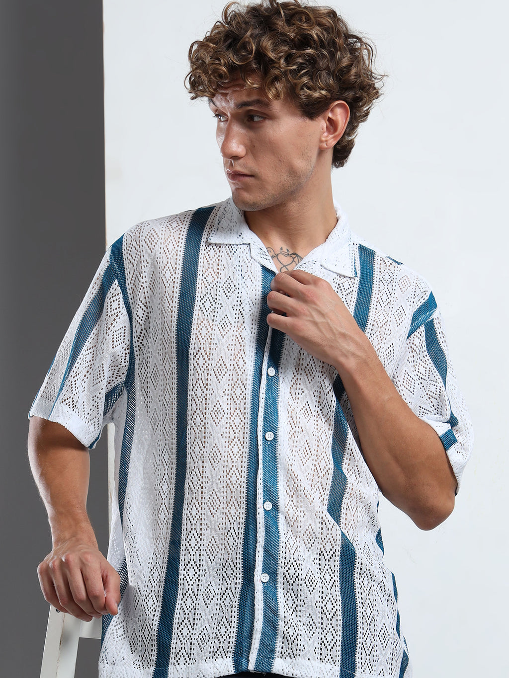 Men's Blue & White Sheer Knit Shirt