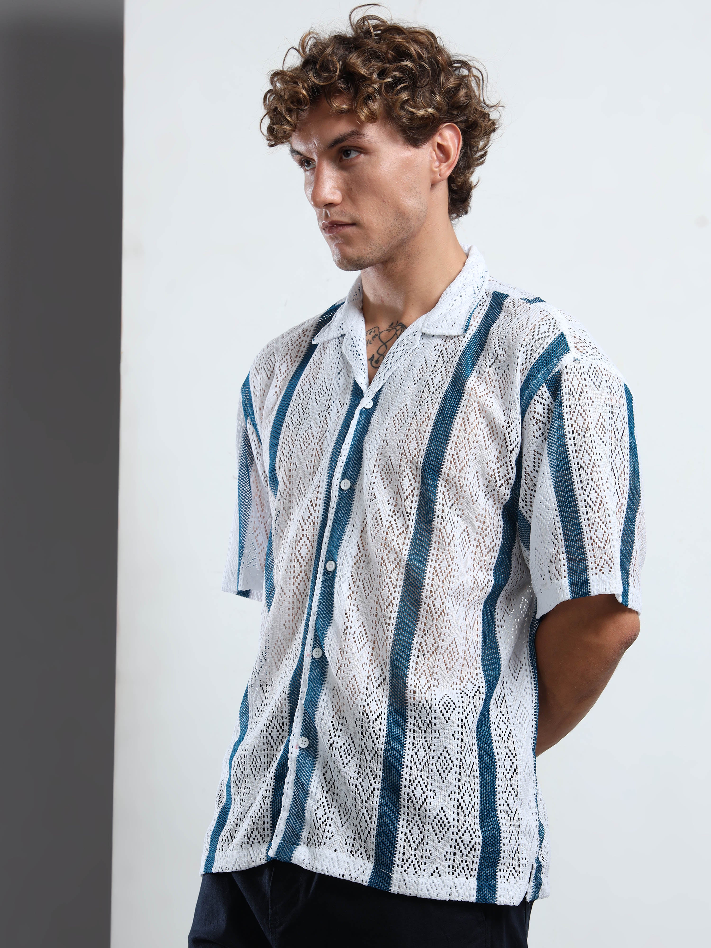 Men's Blue & White Sheer Knit Shirt
