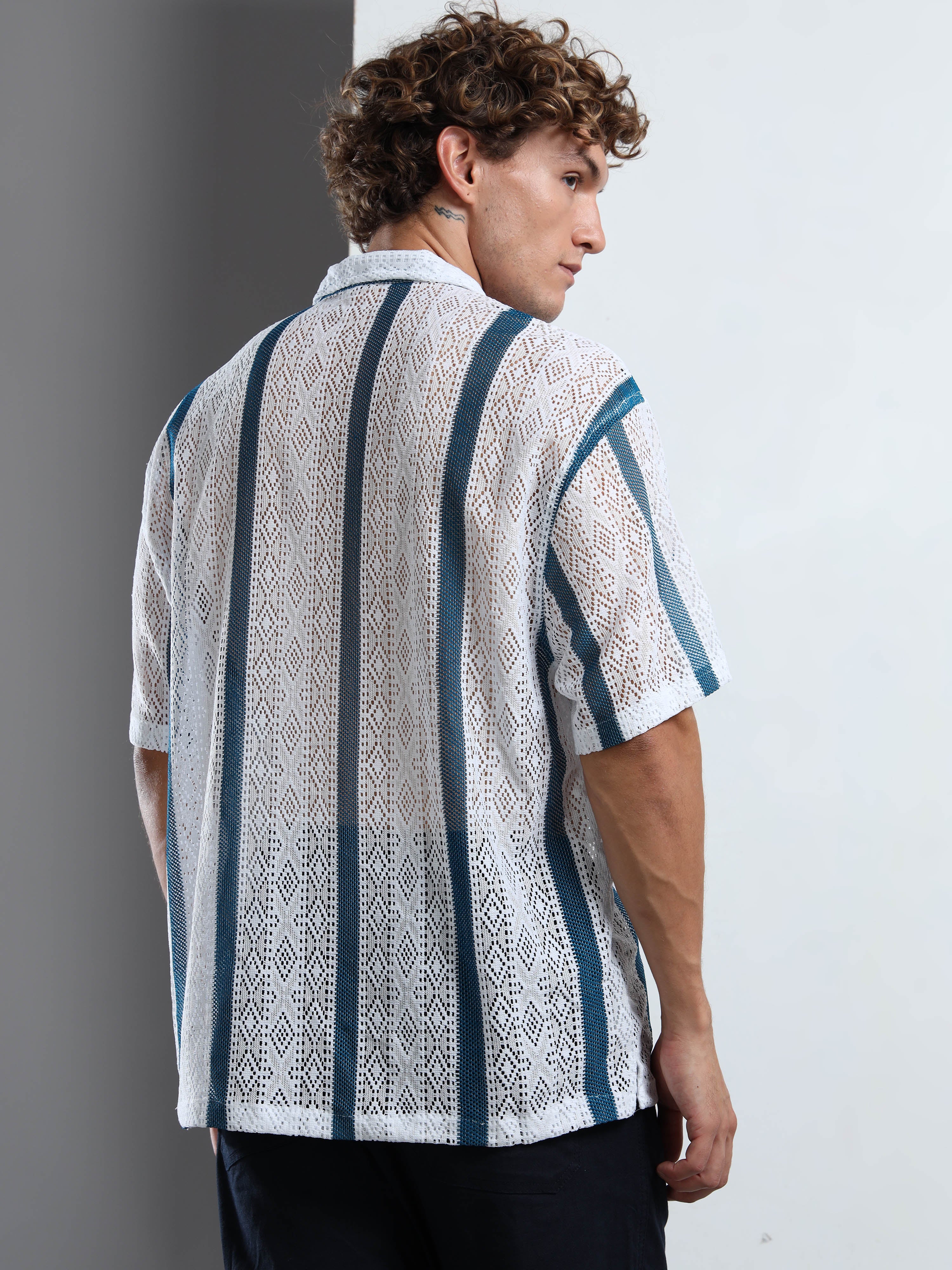 Men's Blue & White Sheer Knit Shirt