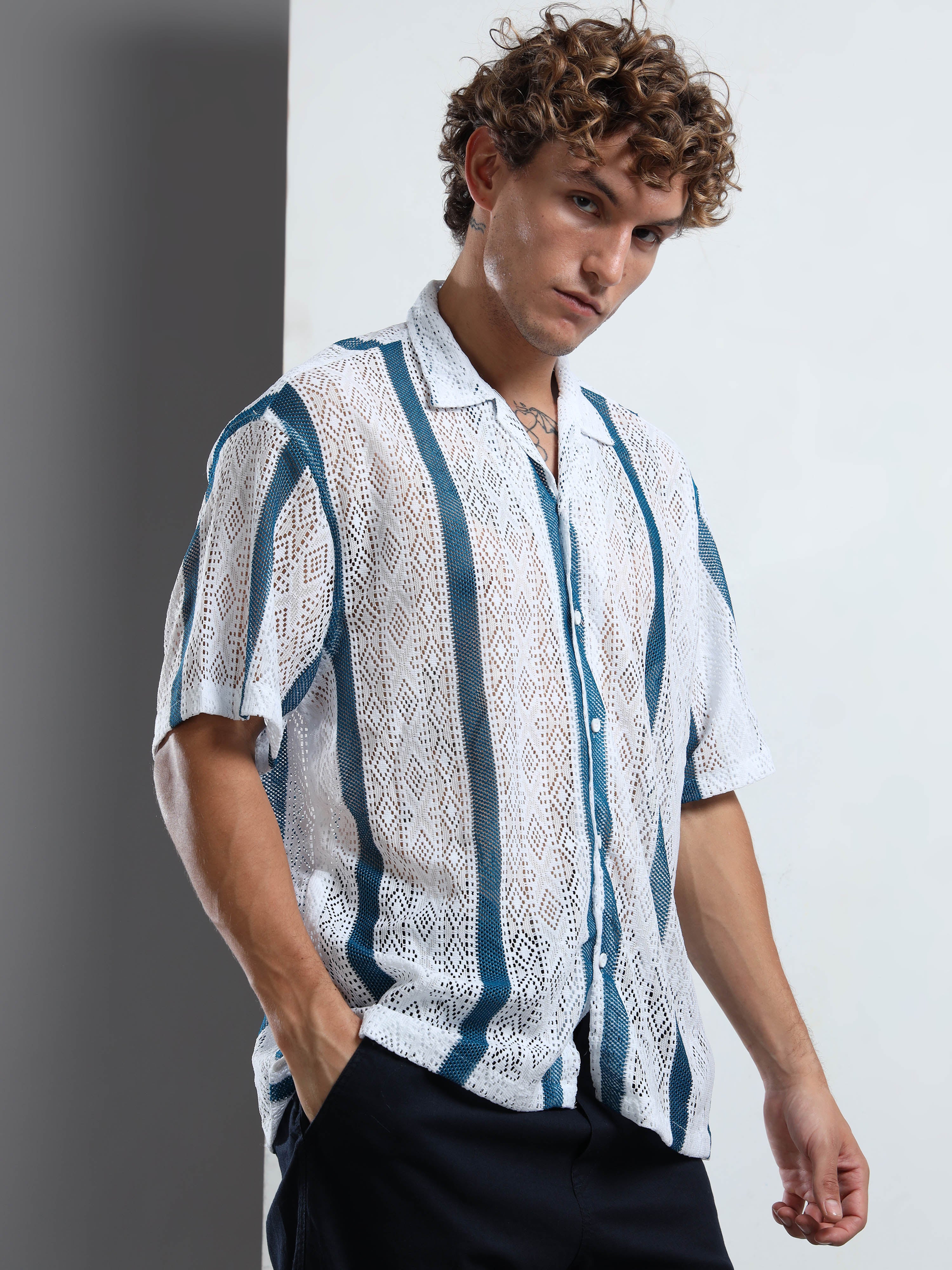 Men's Blue & White Sheer Knit Shirt