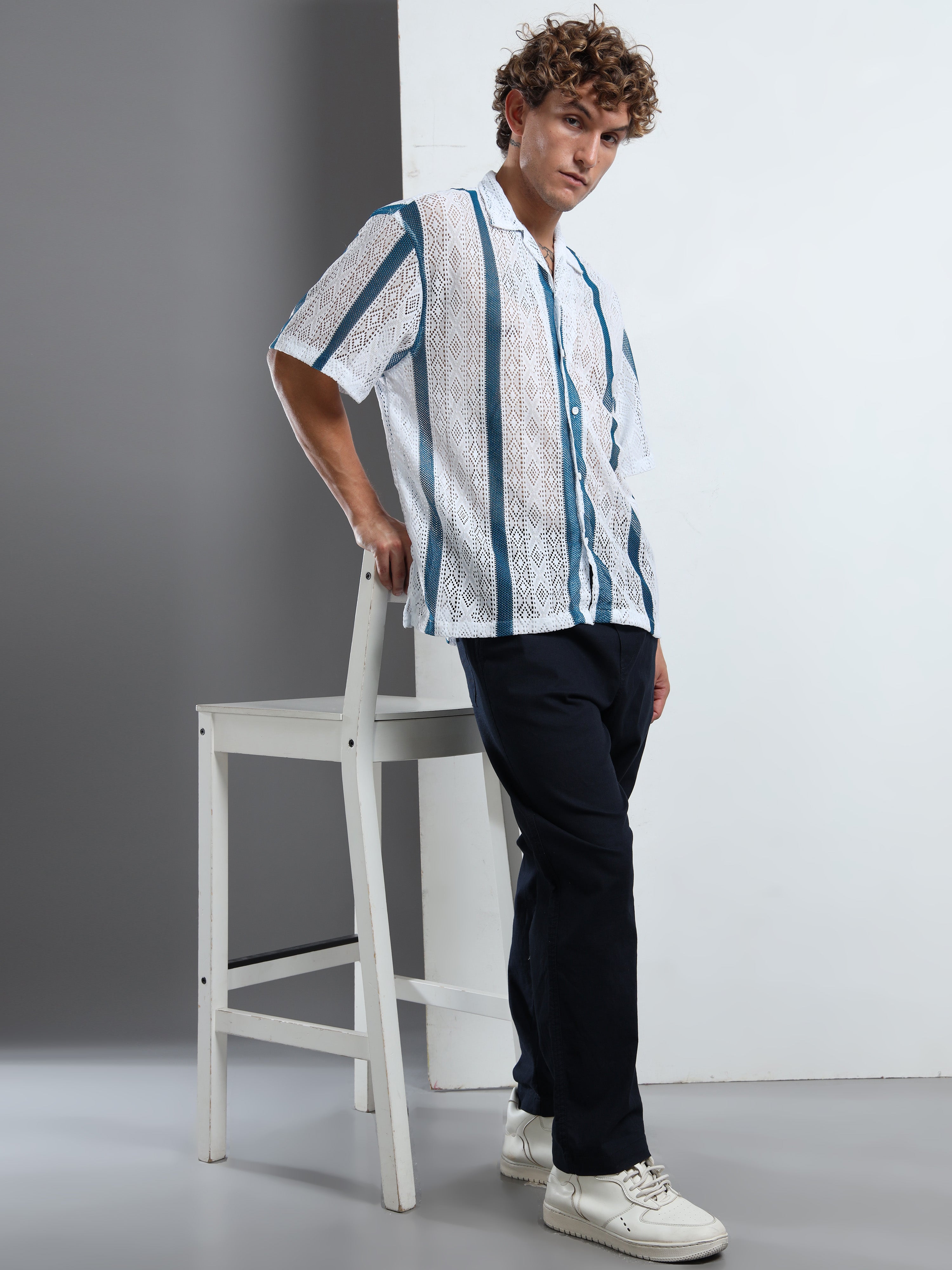 Men's Blue & White Sheer Knit Shirt