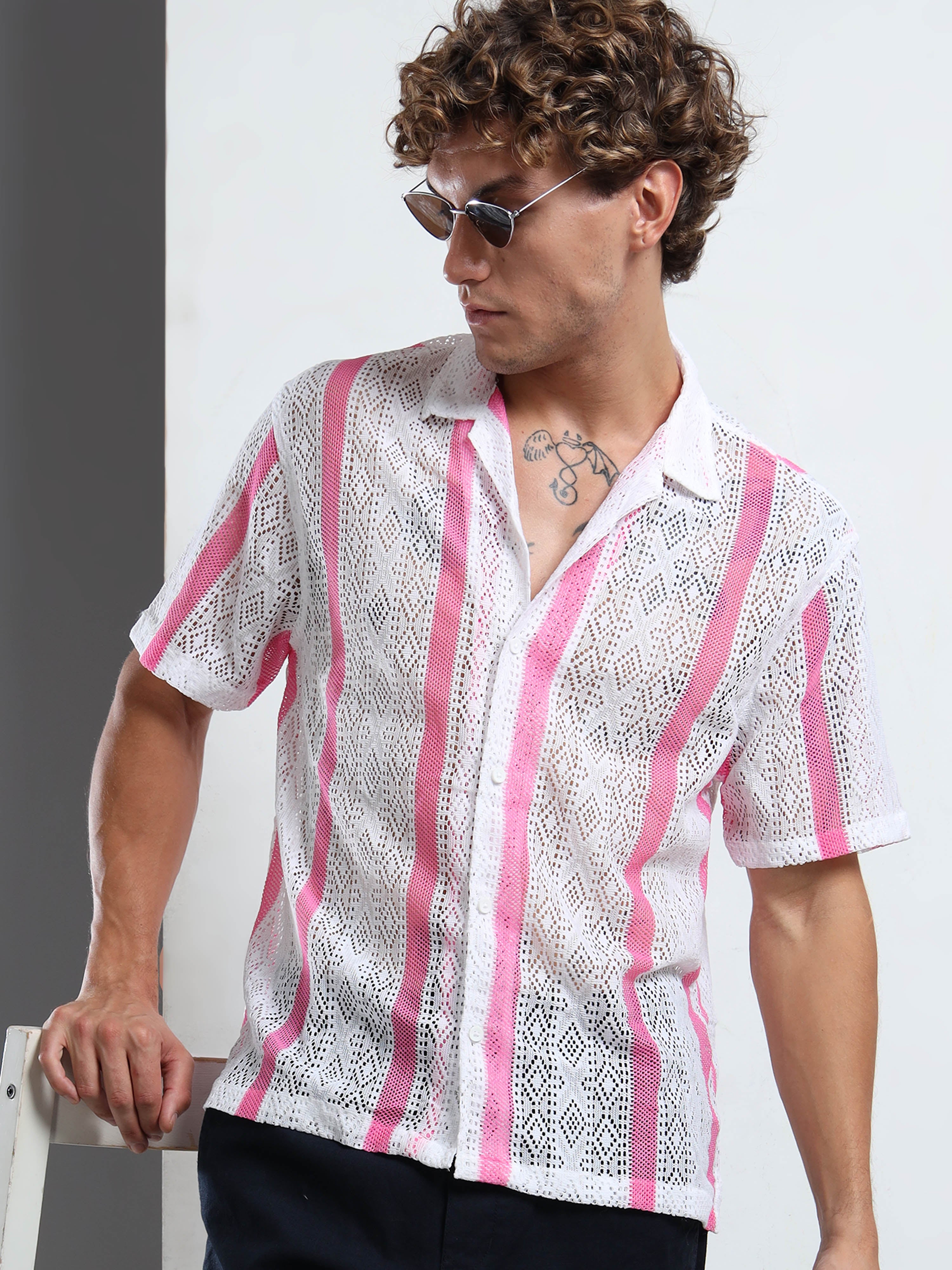 Men's Pink & White Sheer Knit Shirt