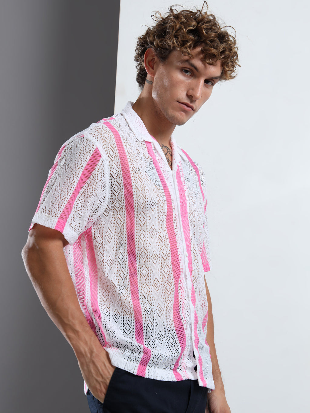 Men's Pink & White Sheer Knit Shirt