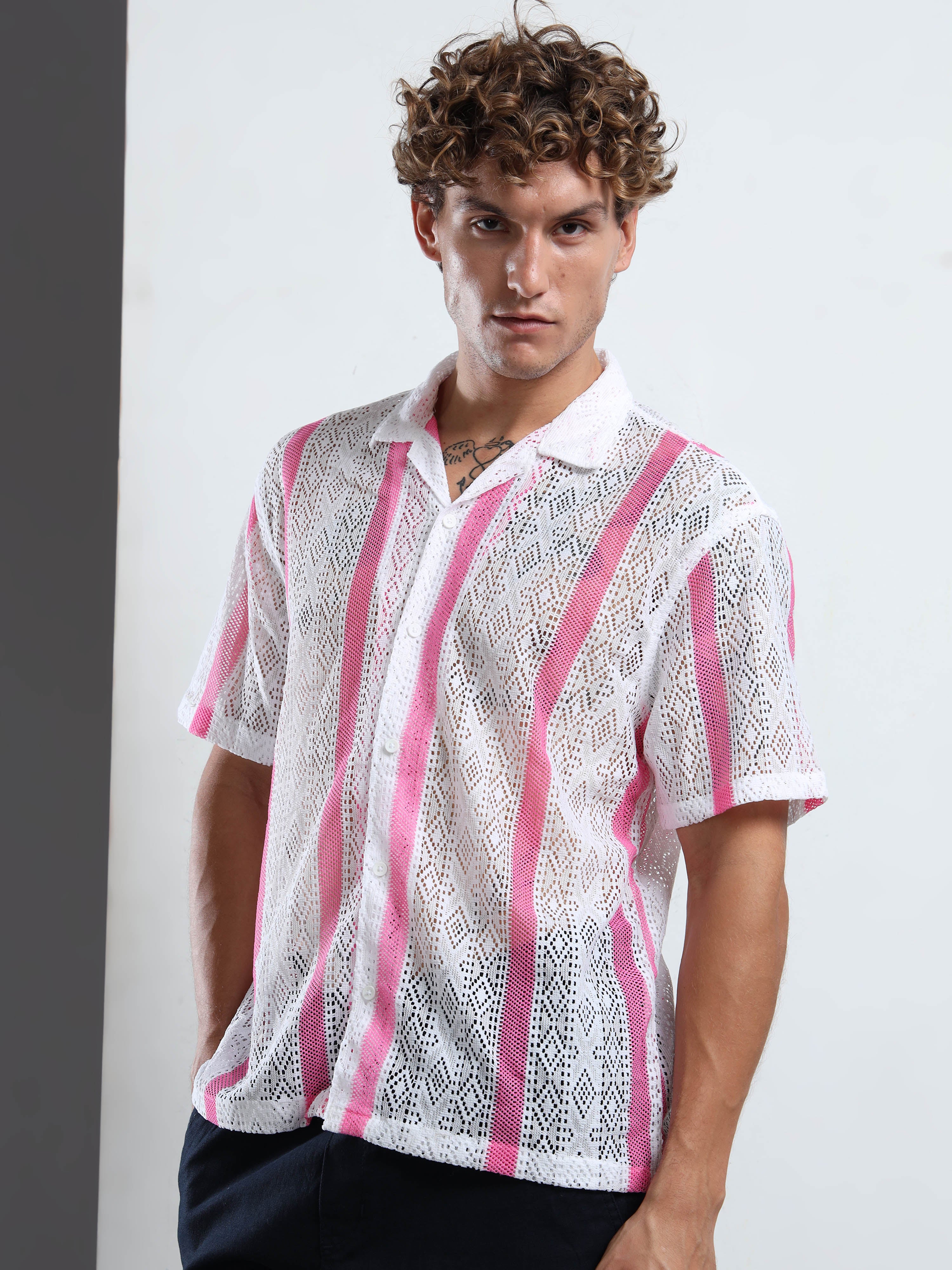 Men's Pink & White Sheer Knit Shirt