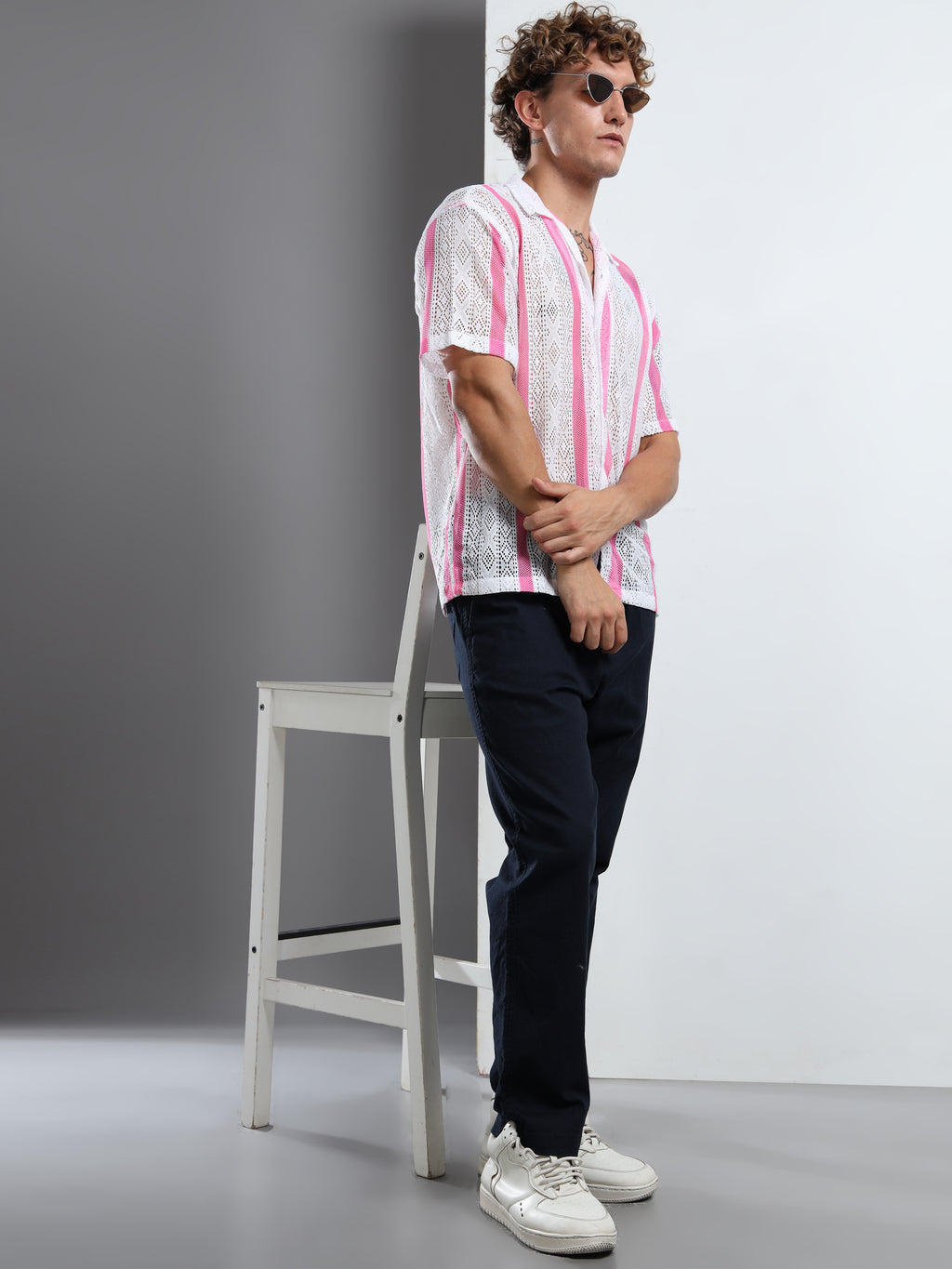 Men's Pink & White Sheer Knit Shirt