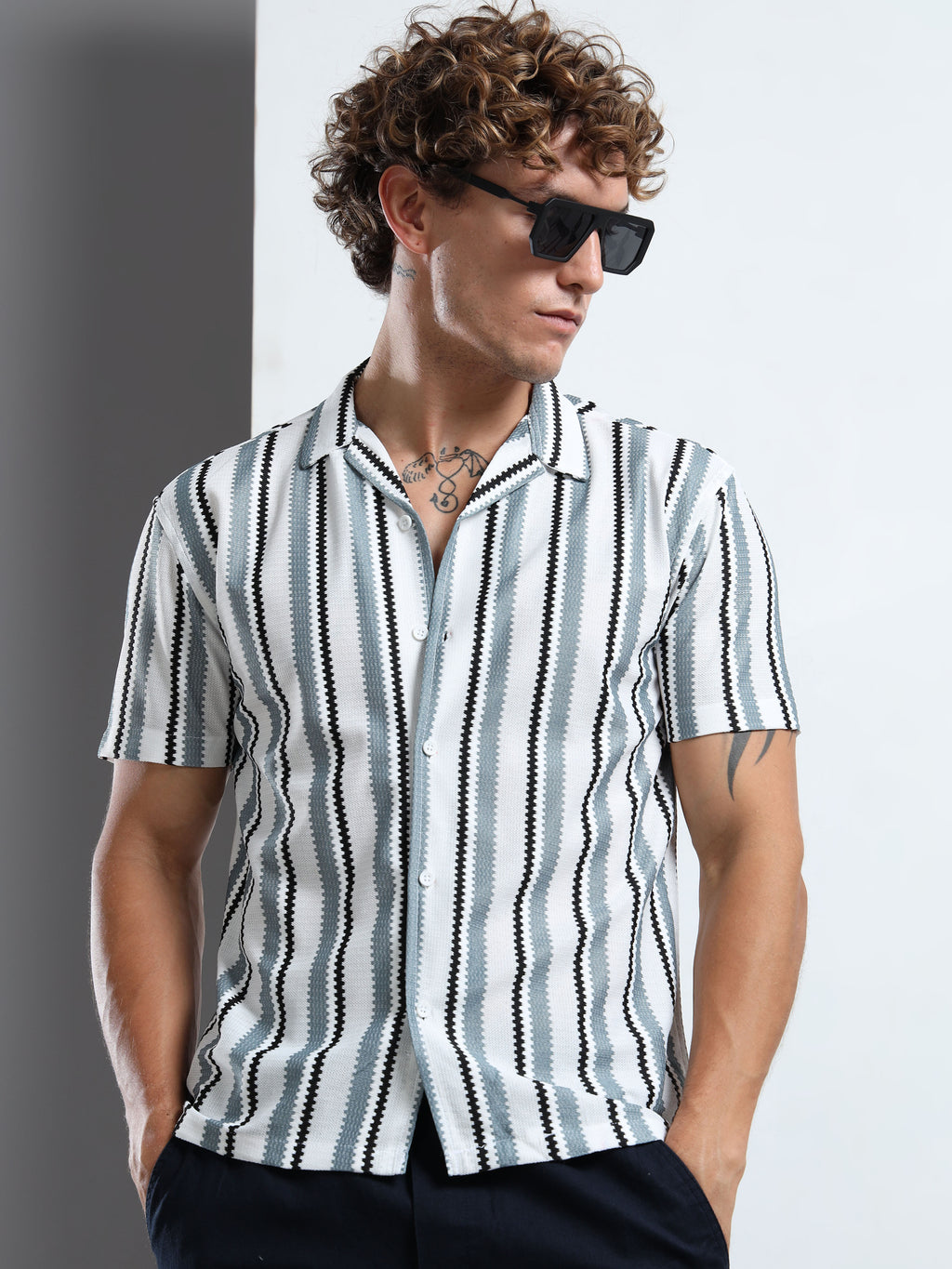 Textured Grey & White Striped Short-Sleeve Camp Shirt