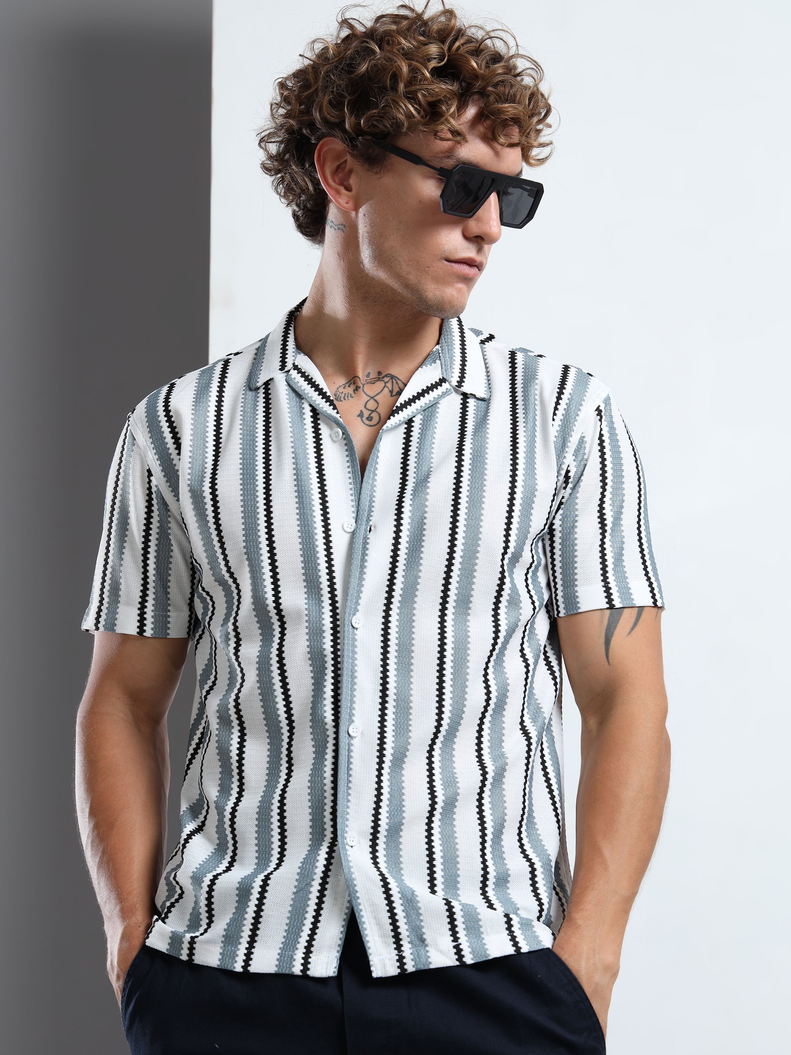 Textured Grey & White Striped Short-Sleeve Camp Shirt