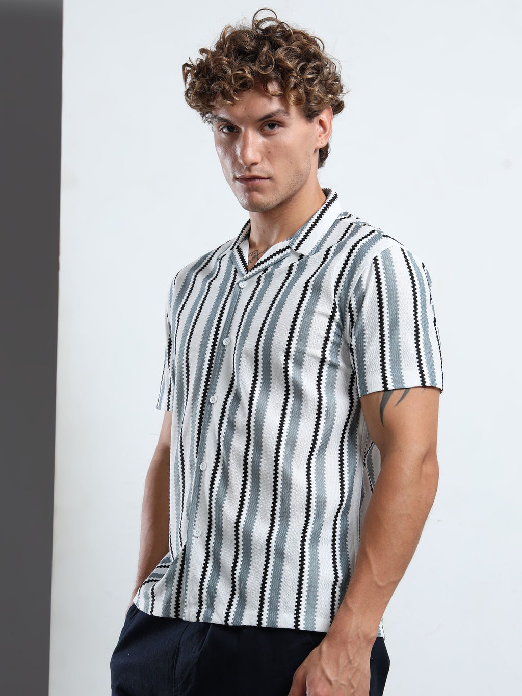 Textured Grey & White Striped Short-Sleeve Camp Shirt