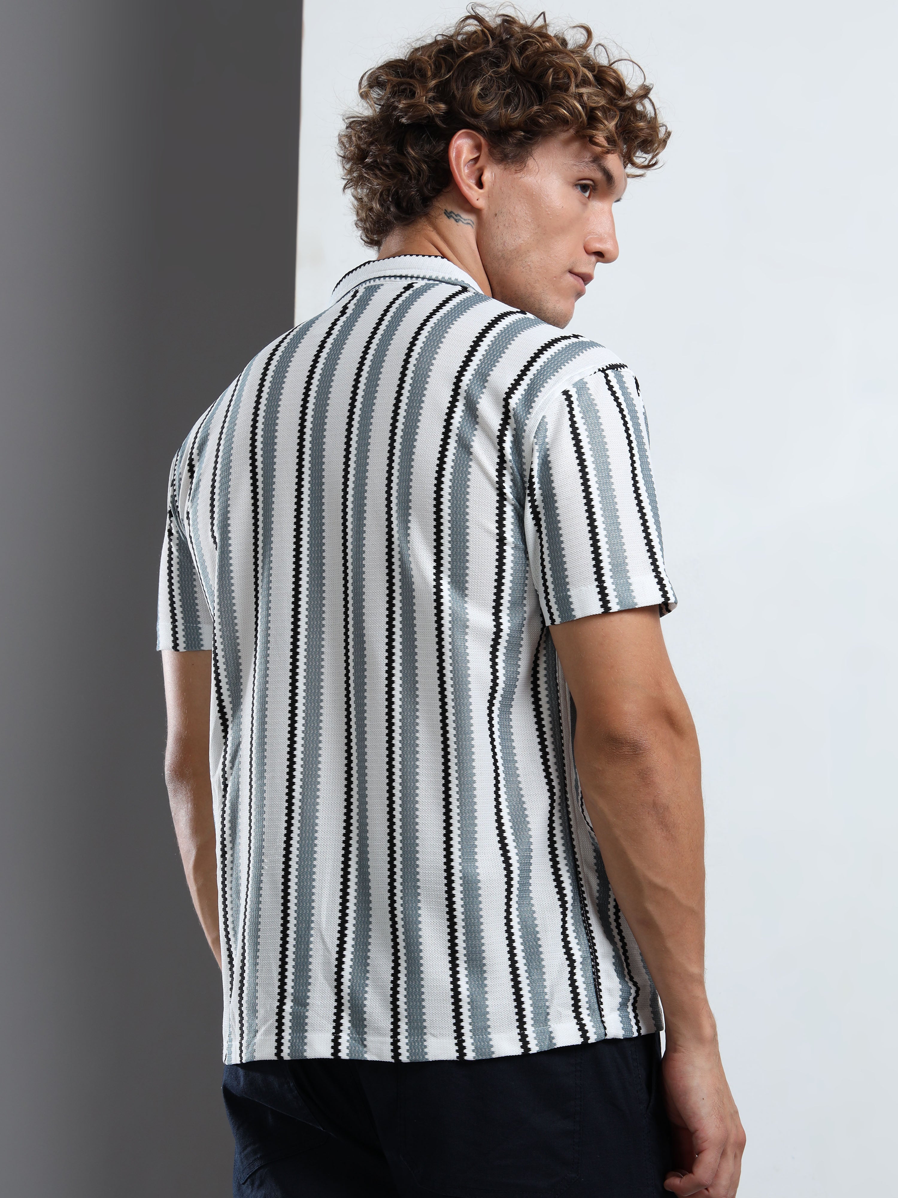Textured Grey & White Striped Short-Sleeve Camp Shirt