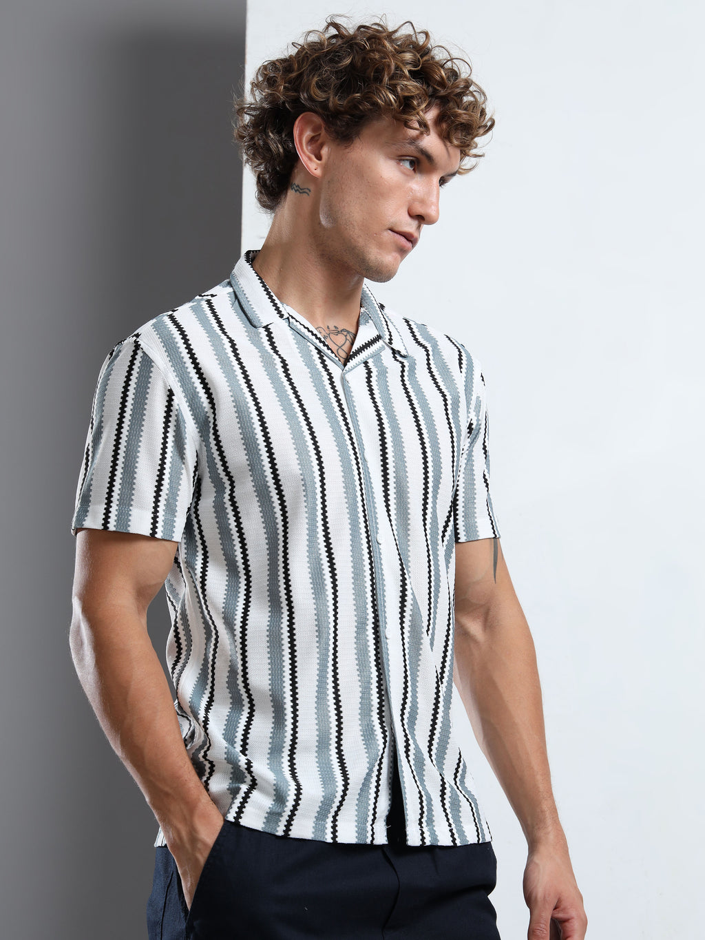 Textured Grey & White Striped Short-Sleeve Camp Shirt