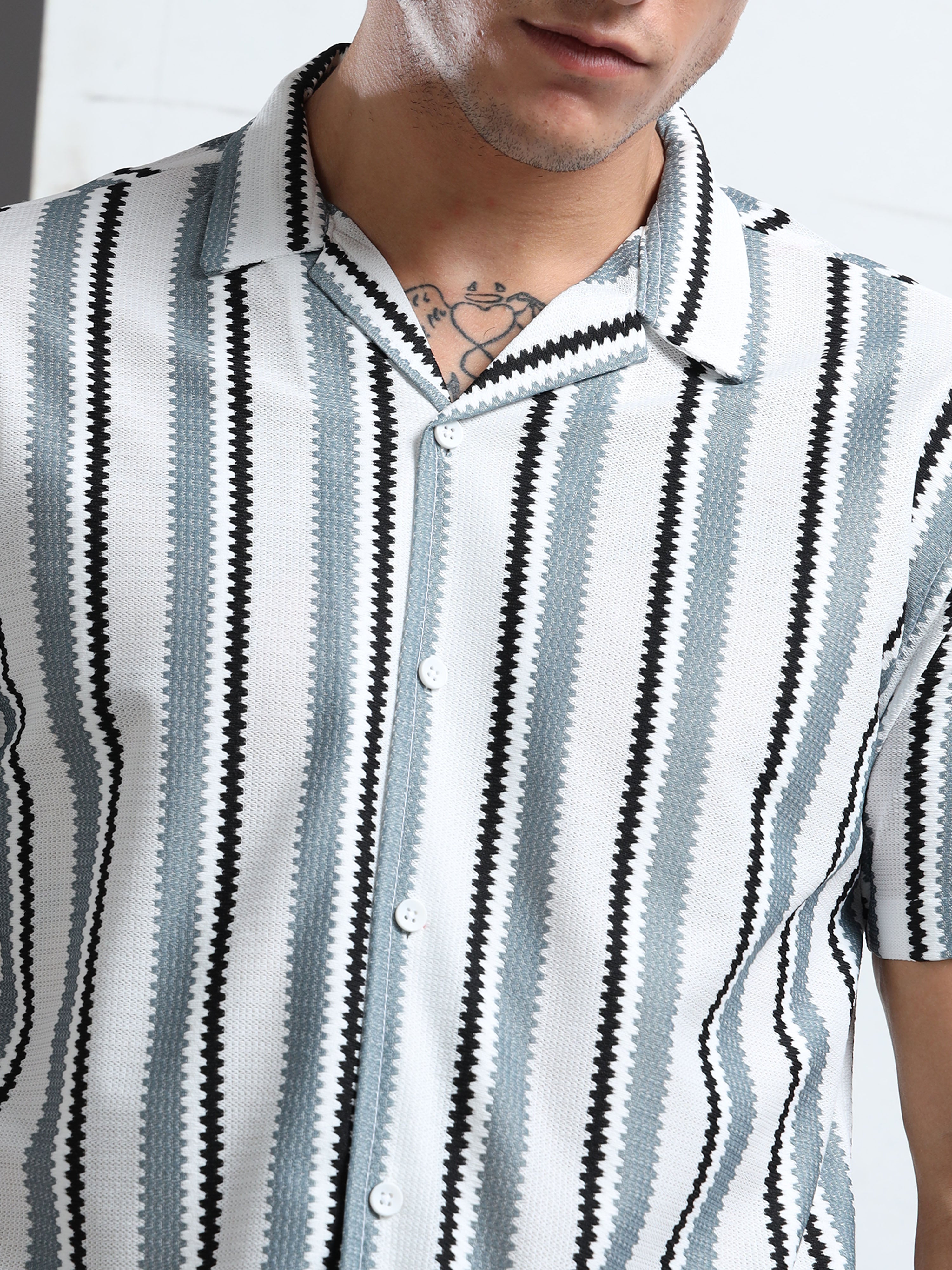 Textured Grey & White Striped Short-Sleeve Camp Shirt