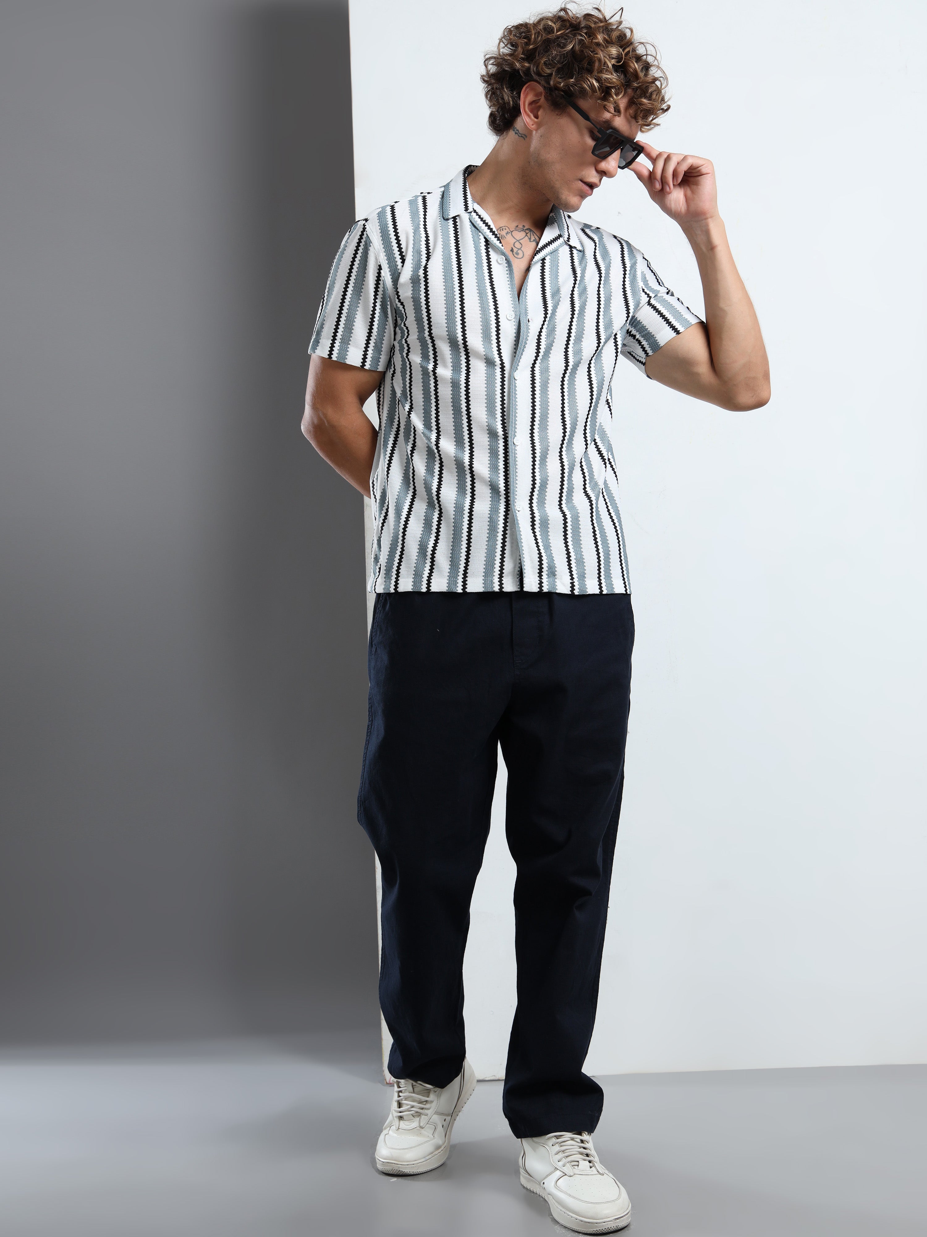 Textured Grey & White Striped Short-Sleeve Camp Shirt