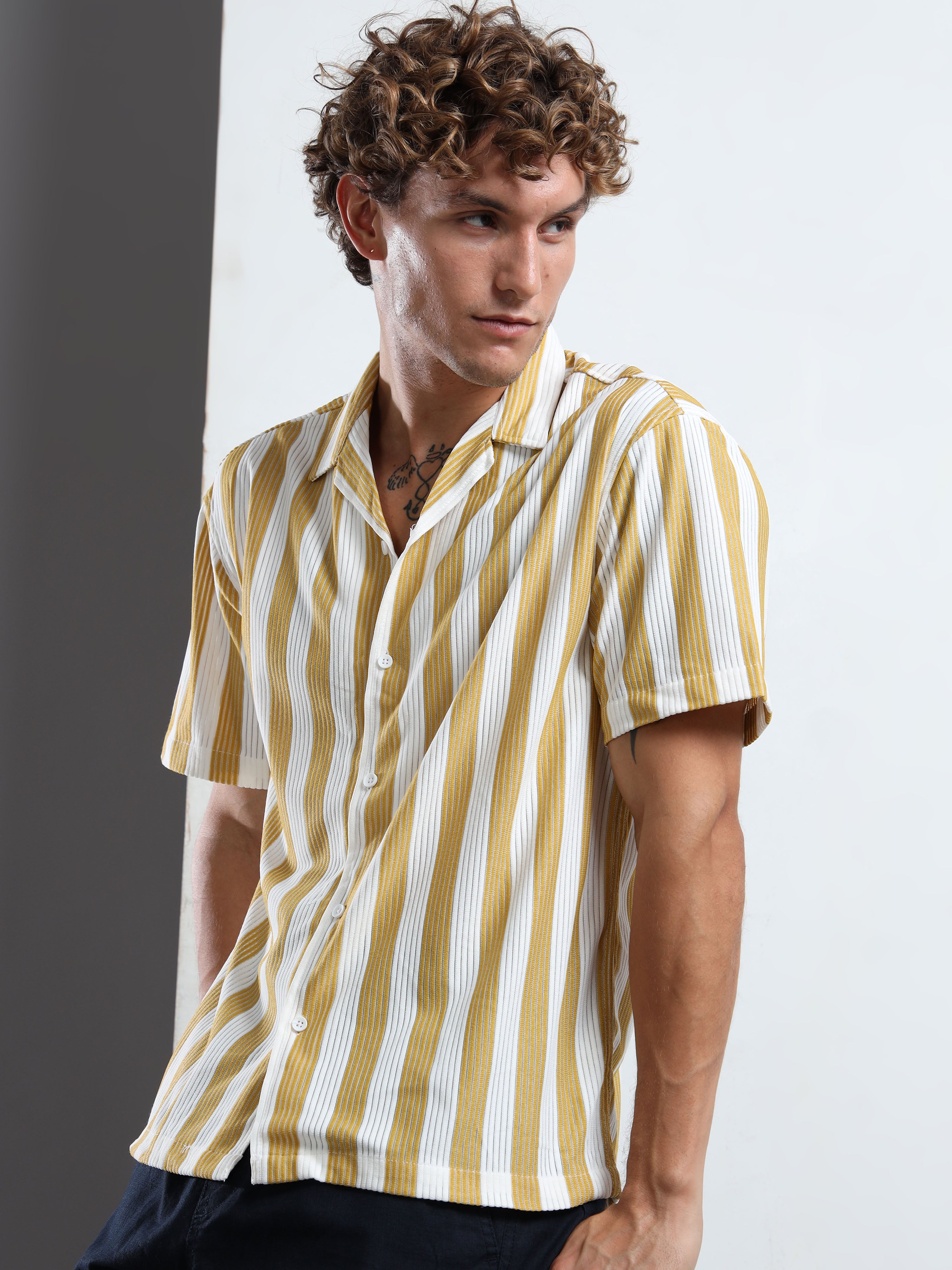 Men's Yellow Vertical Stripe Cuban Shirt