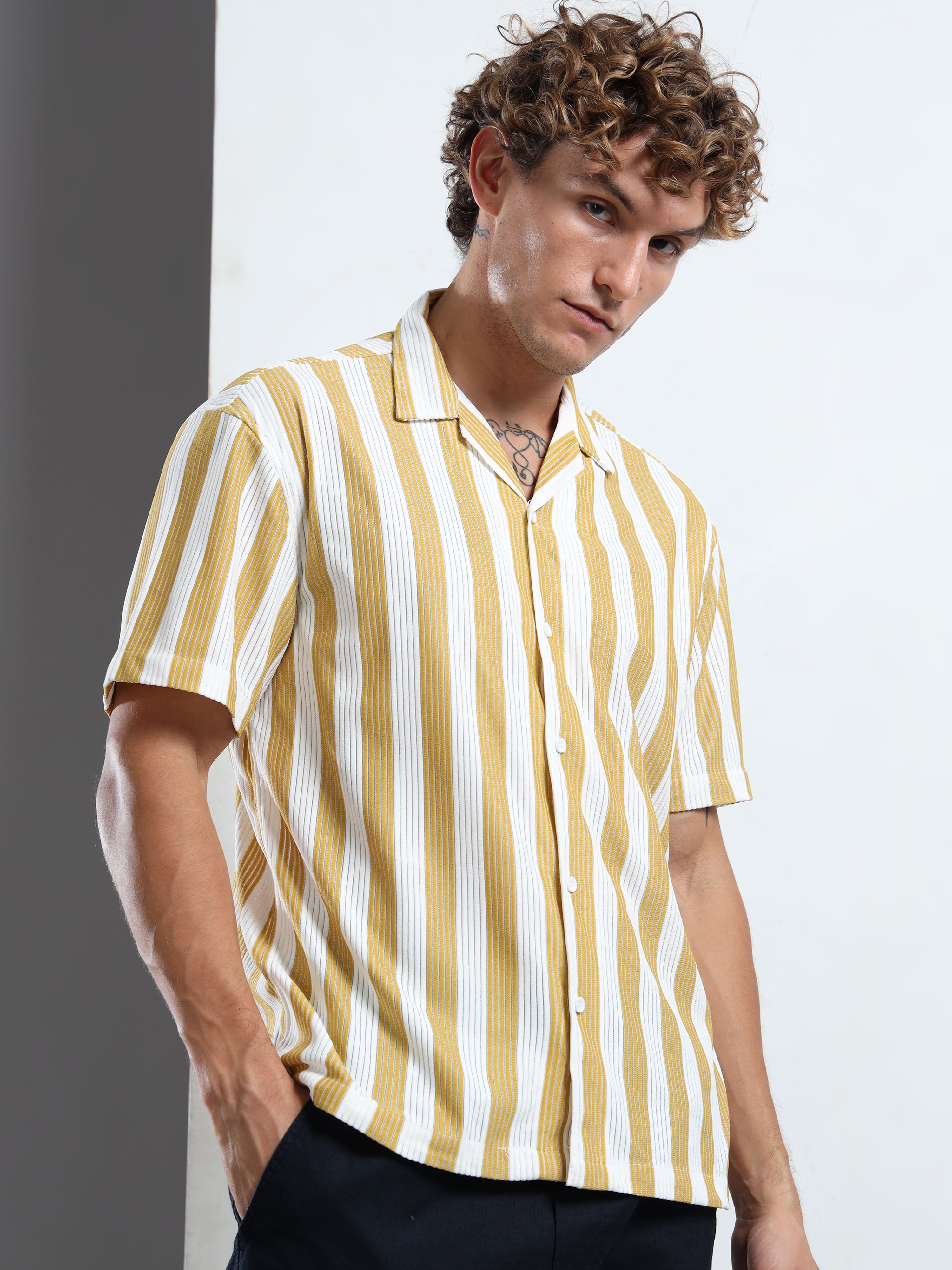 Men's Yellow Vertical Stripe Cuban Shirt