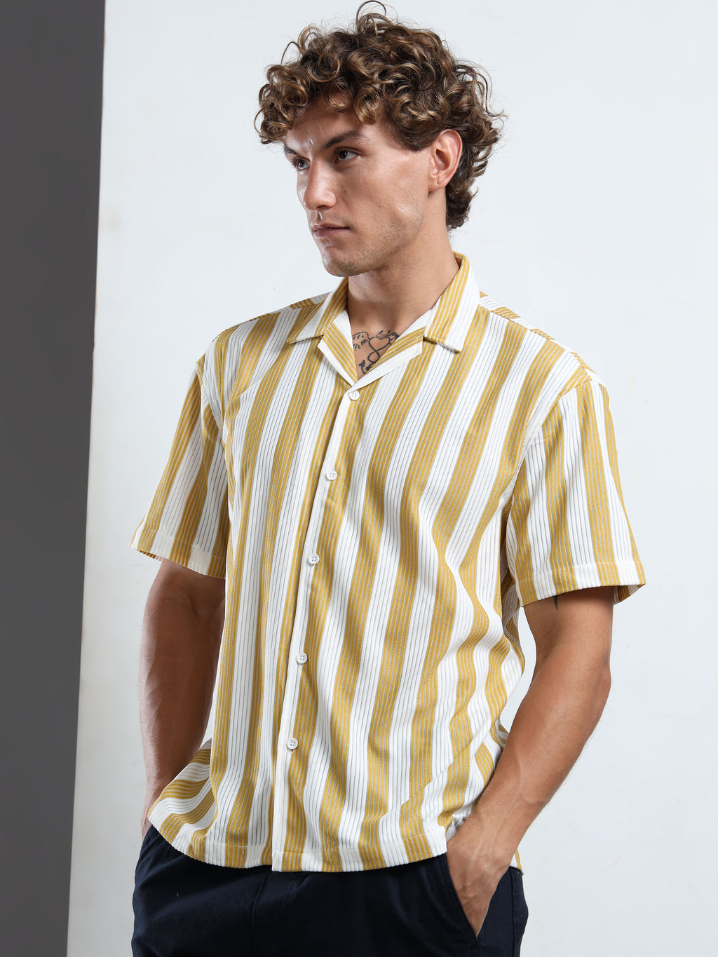 Men's Yellow Vertical Stripe Cuban Shirt