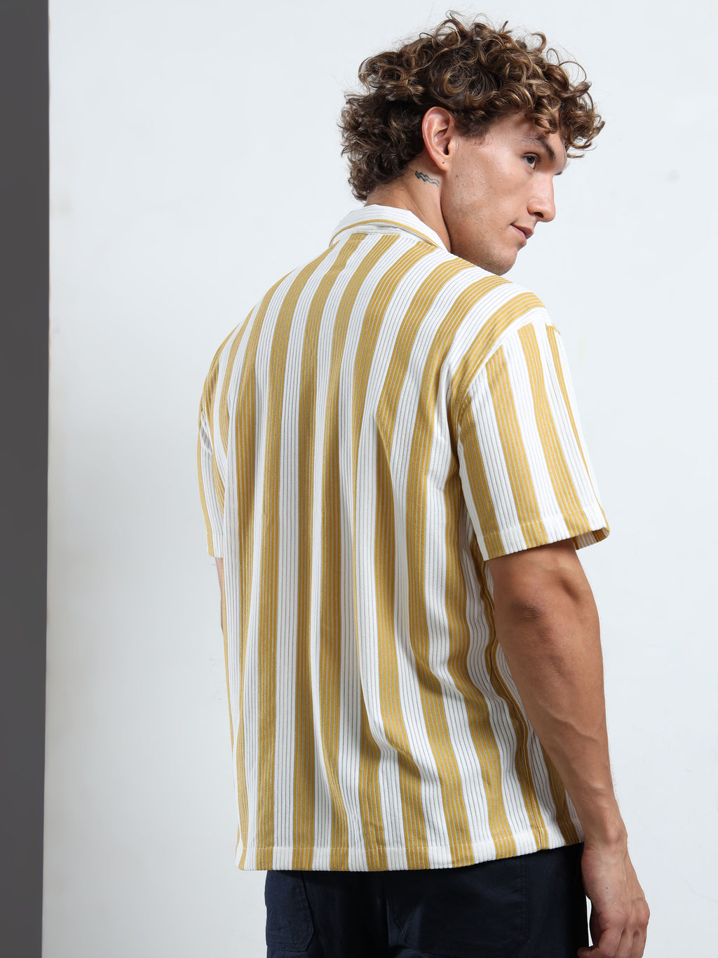 Men's Yellow Vertical Stripe Cuban Shirt