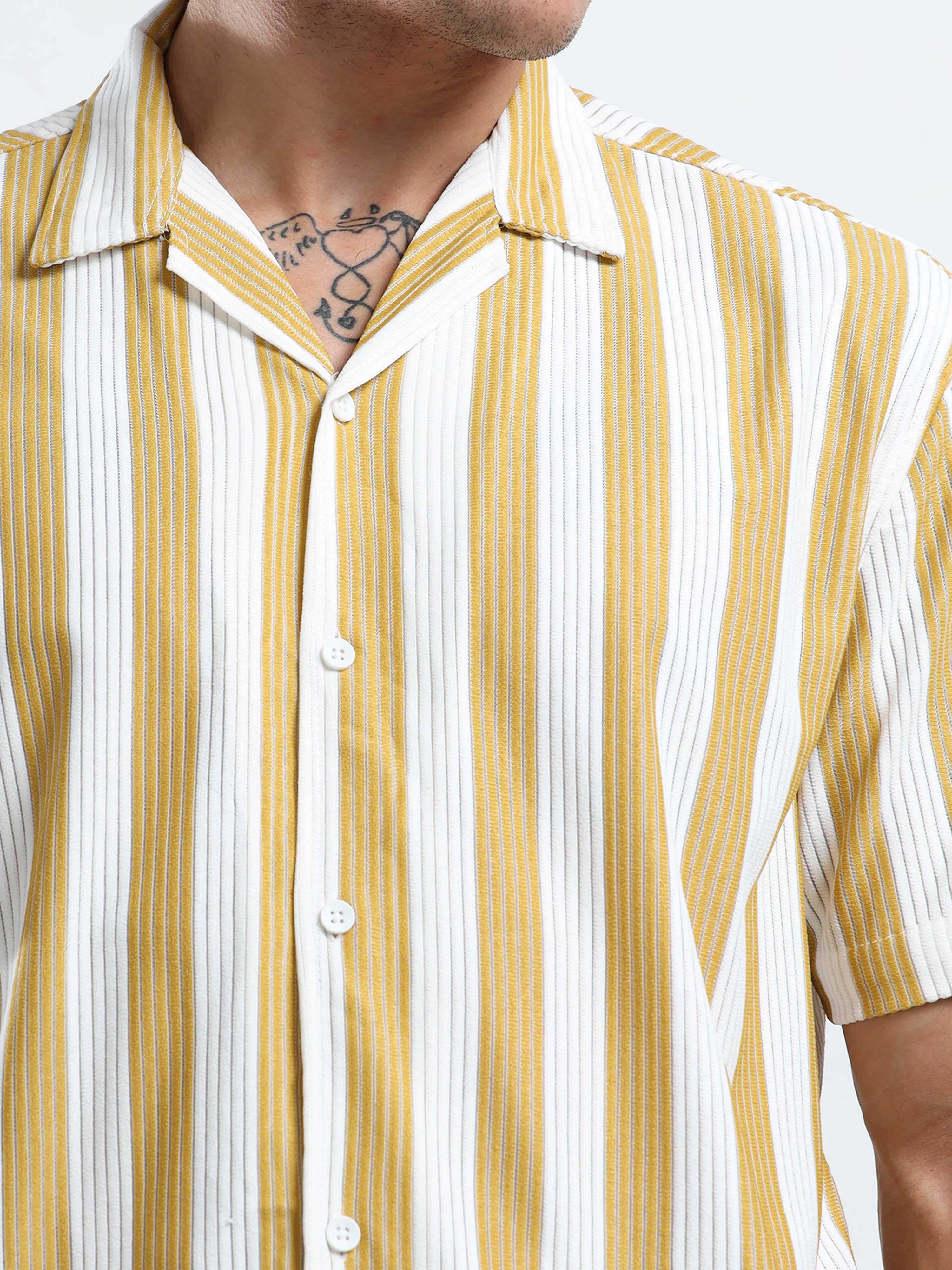Men's Yellow Vertical Stripe Cuban Shirt
