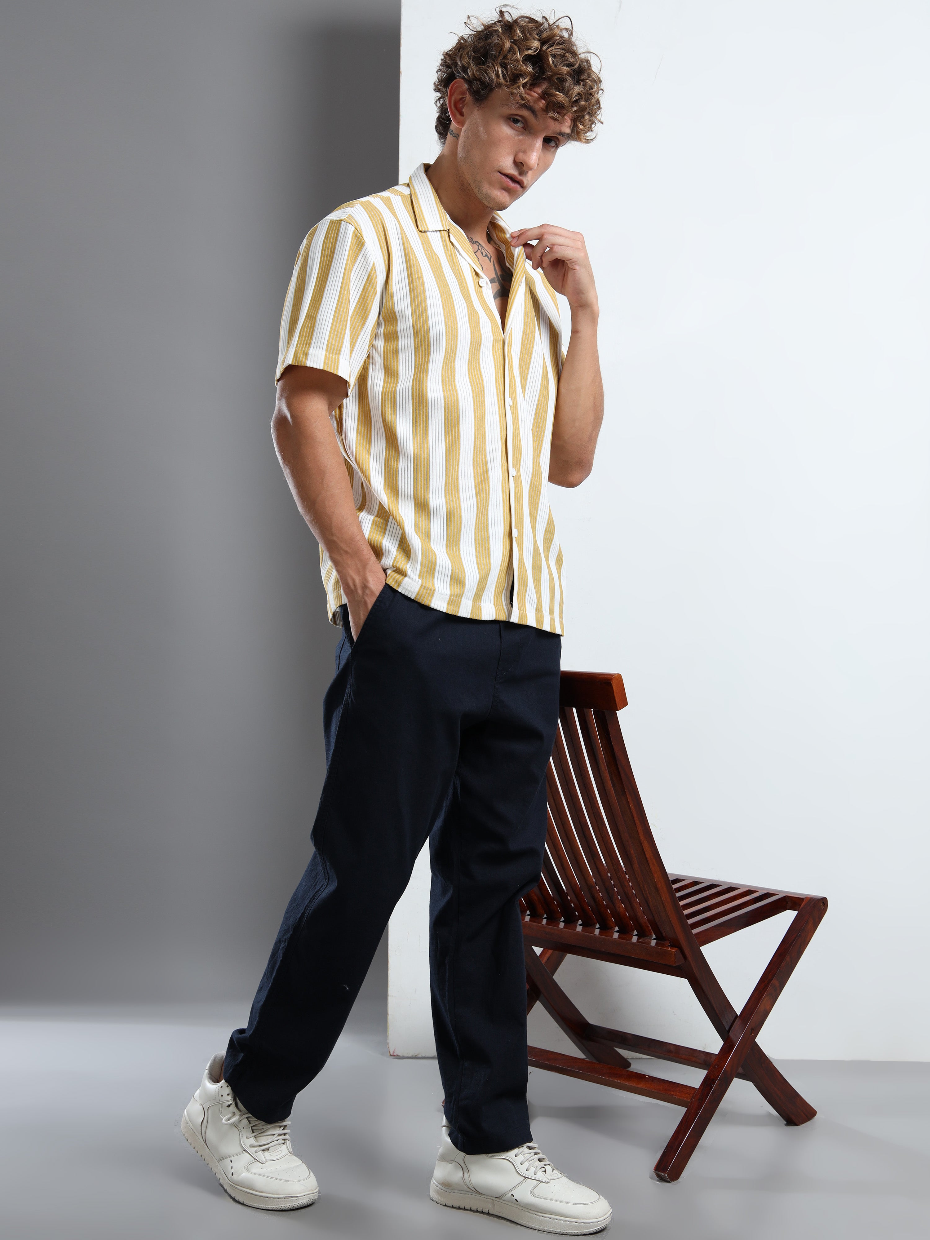 Men's Yellow Vertical Stripe Cuban Shirt