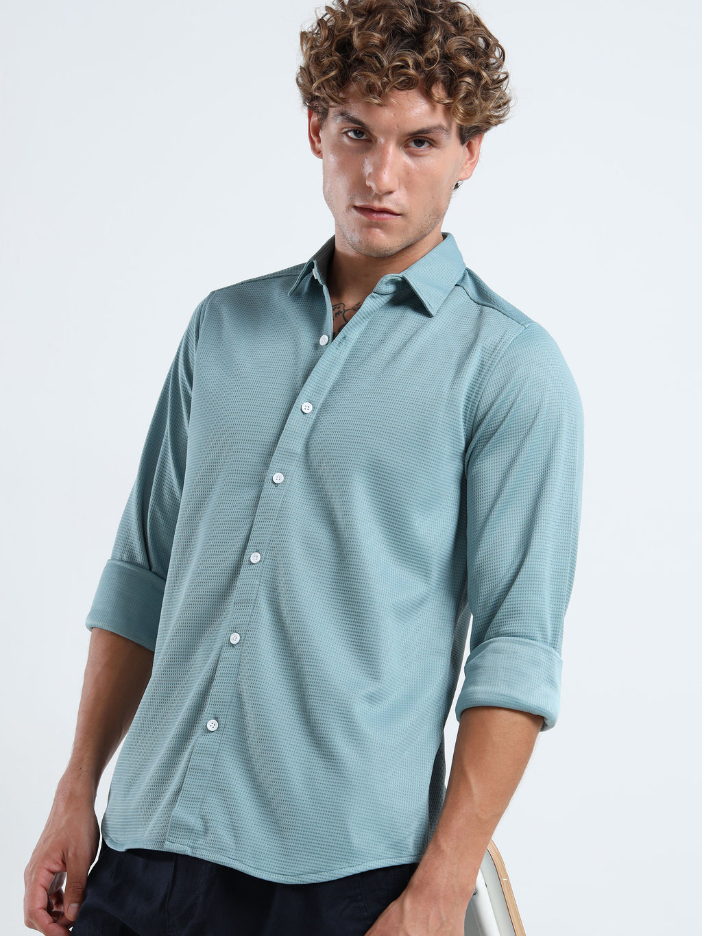 Men’s Teal Textured Micro-Pattern Shirt