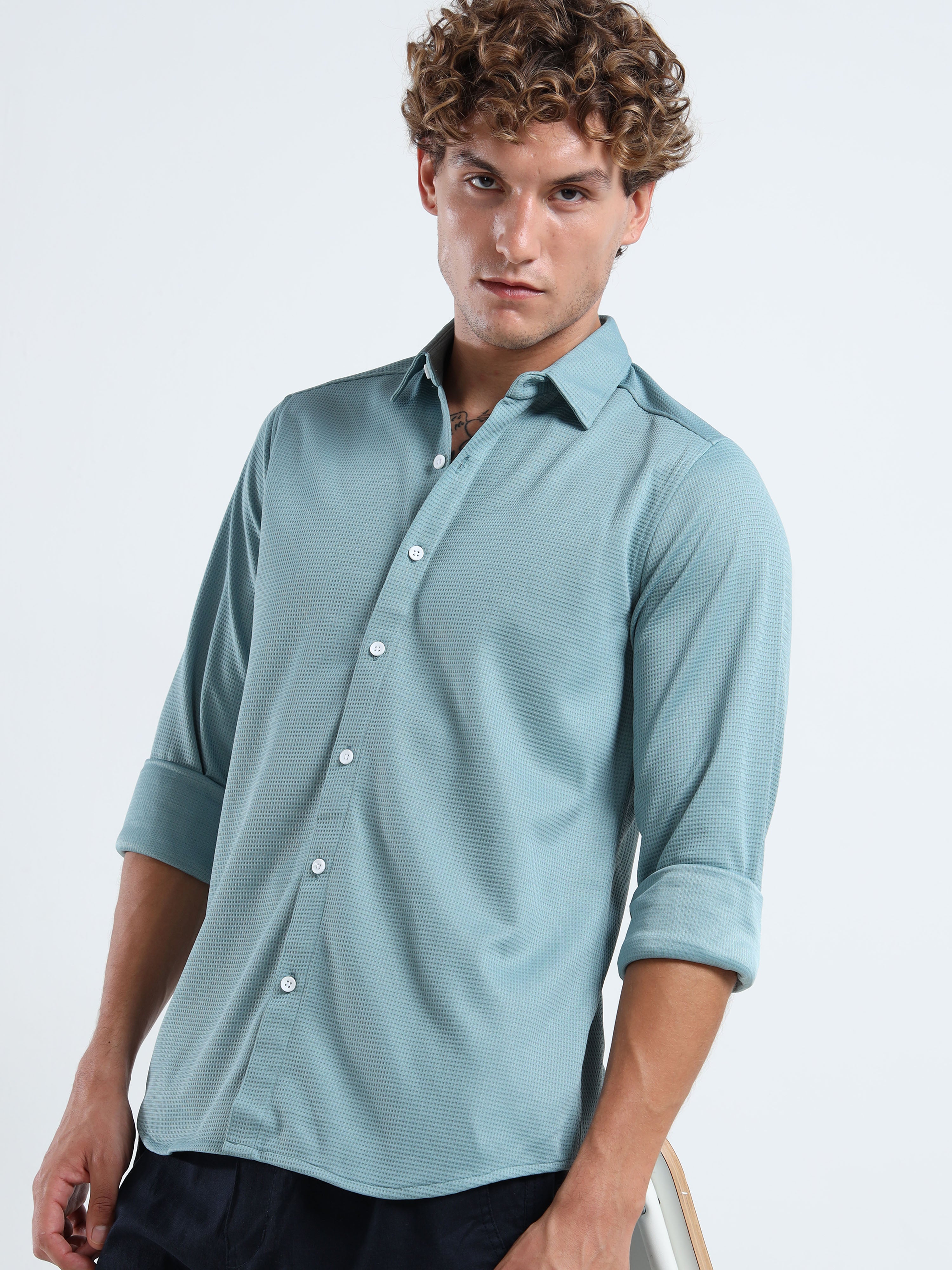Men’s Teal Textured Micro-Pattern Shirt