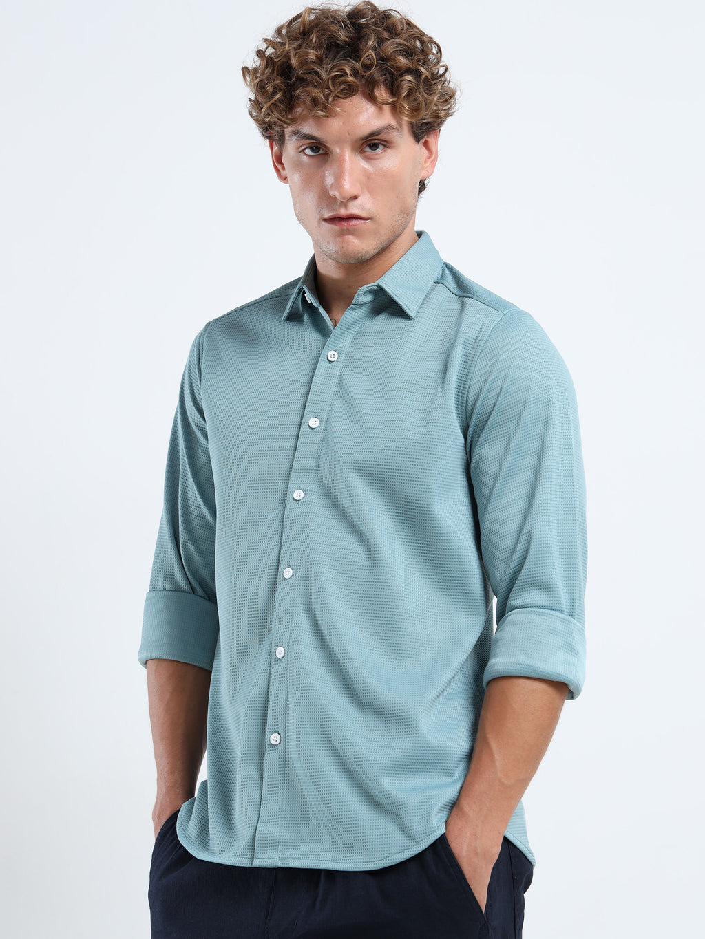 Men’s Teal Textured Micro-Pattern Shirt
