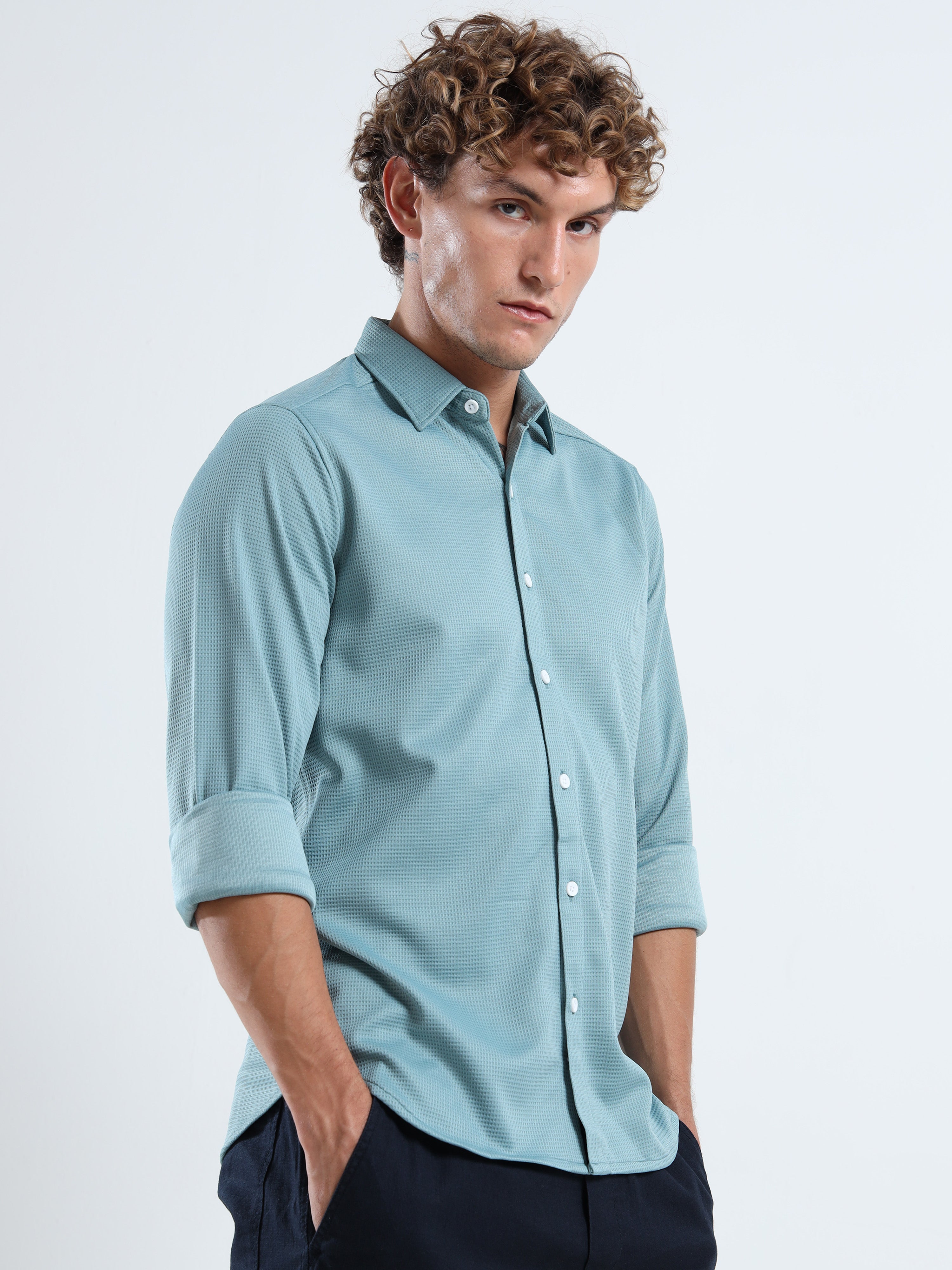 Men’s Teal Textured Micro-Pattern Shirt