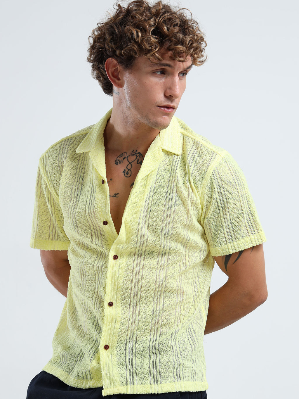 Men's Textured Cuban Collar Casual Yellow Shirt