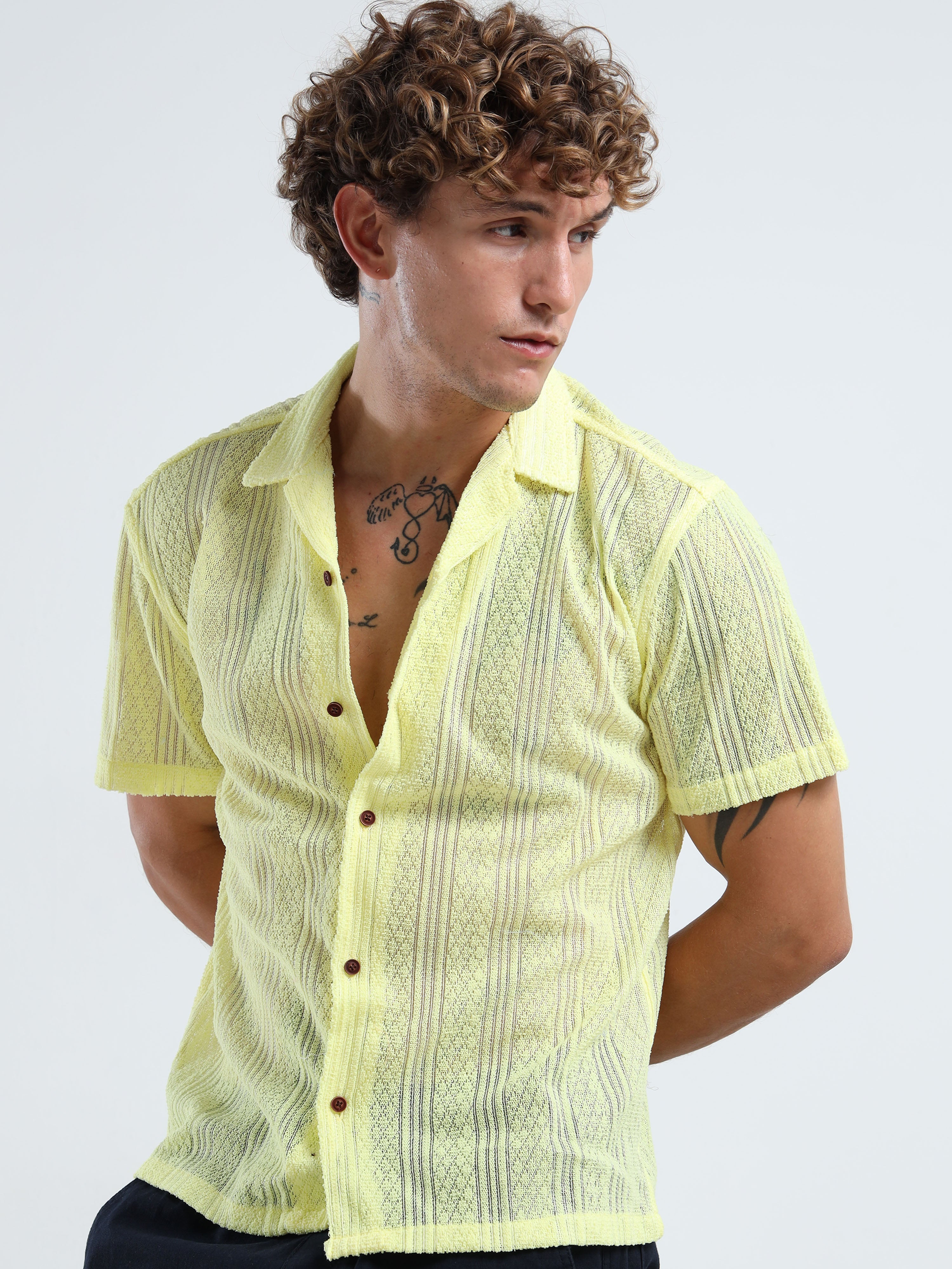 Men's Textured Cuban Collar Casual Yellow Shirt